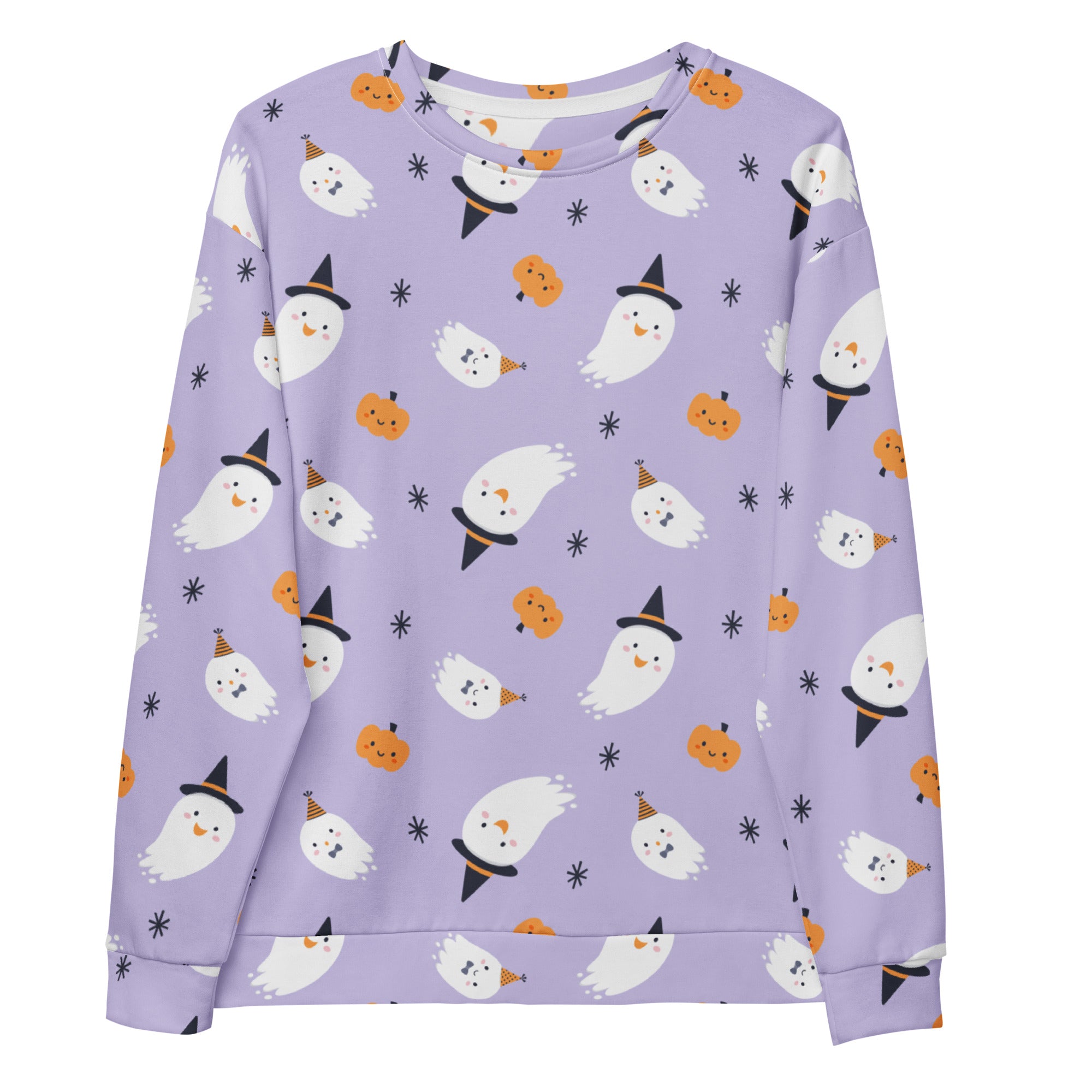 Lavender Halloween witch ghost sweatshirt with brushed inner fleece featuring white ghosts and orange pumpkins pattern