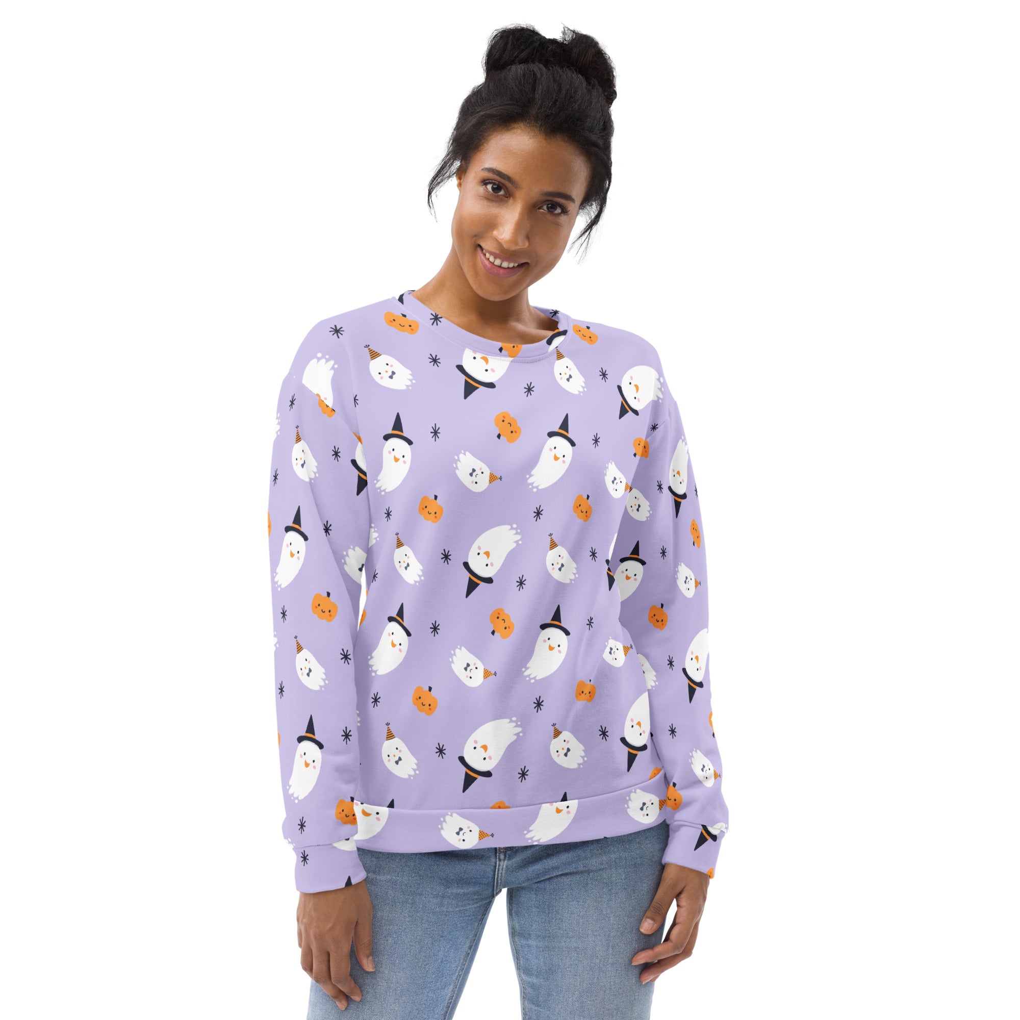 Lavender halloween witch ghost sweatshirt with brushed inner fleece fabric featuring white ghosts and orange pumpkins
