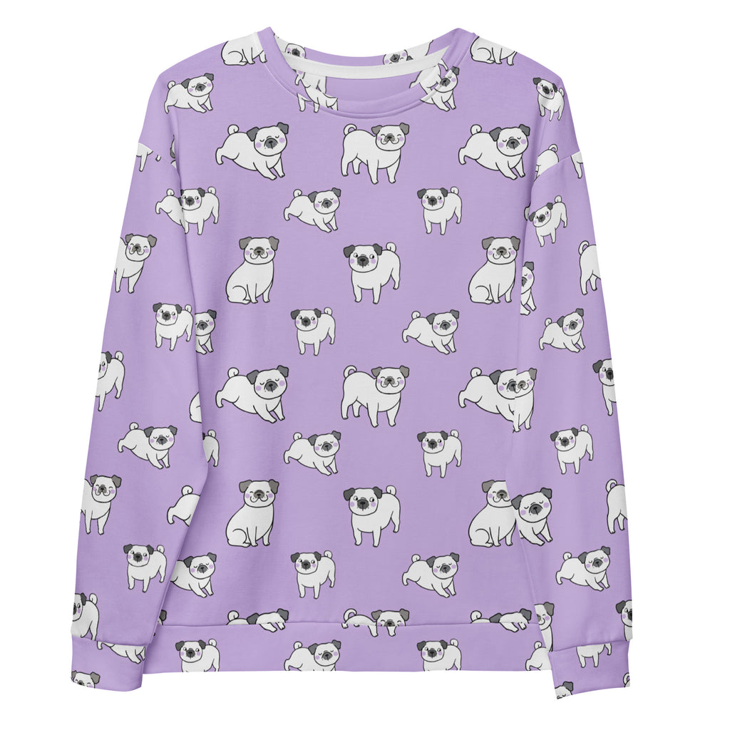 A lavender long-sleeved sweatshirt with brushed inner fleece featuring a repeating pattern of white and gray cartoon pugs