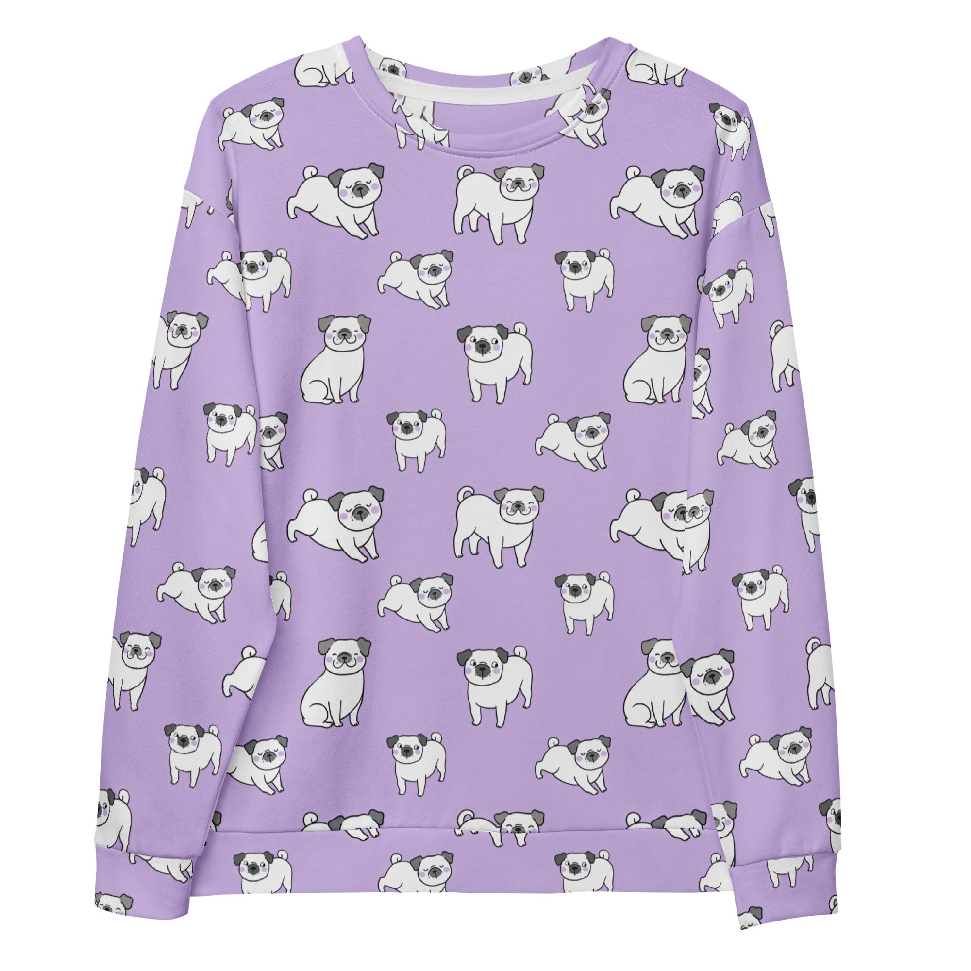 A lavender long-sleeved sweatshirt with brushed inner fleece featuring a repeating pattern of white and gray cartoon pugs