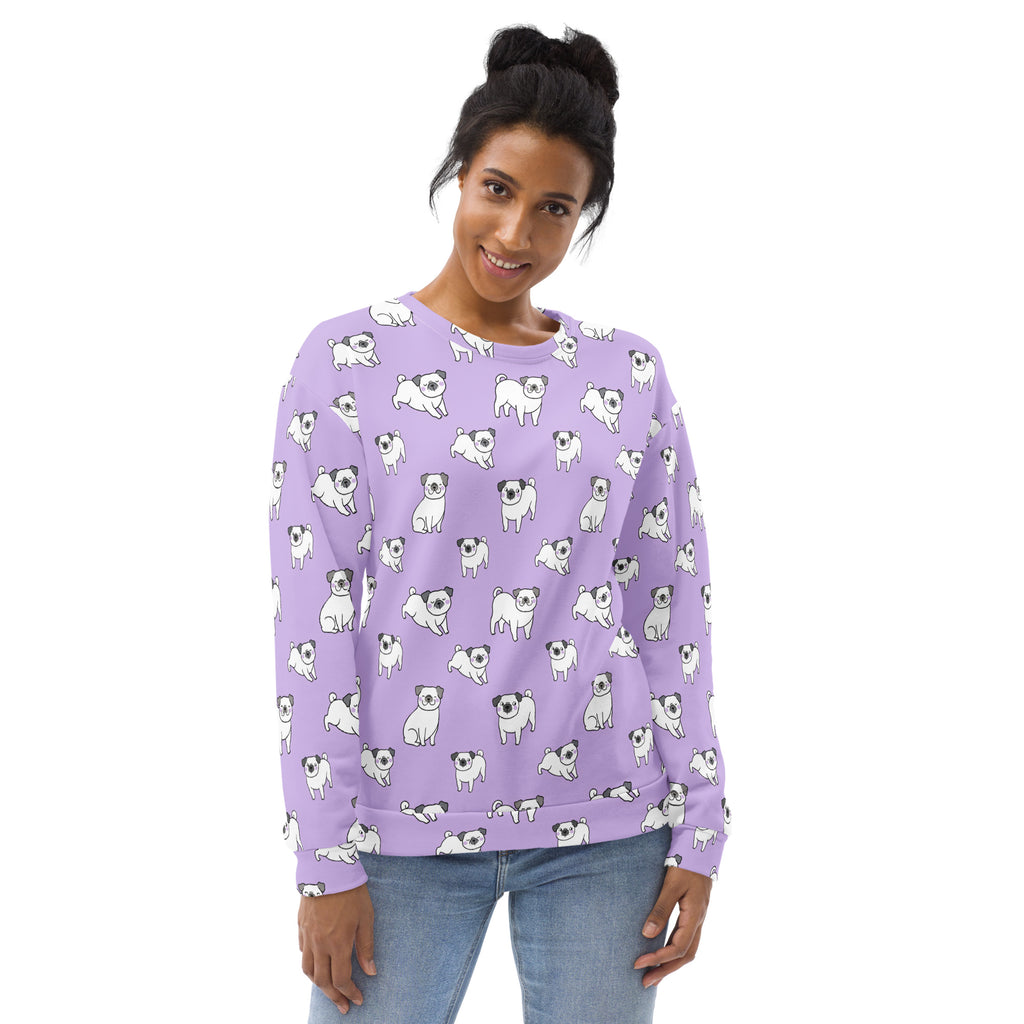 Lavender sweatshirt with brushed inner fleece fabric featuring a repeating pattern of white and black cartoon pugs
