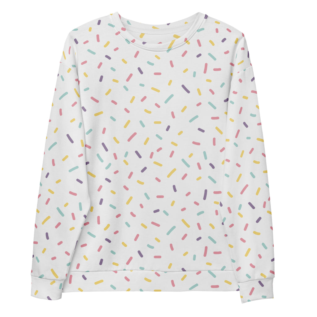 A white long-sleeved sweatshirt with pastel multicolored sprinkles and brushed inner fleece fabric for warmth
