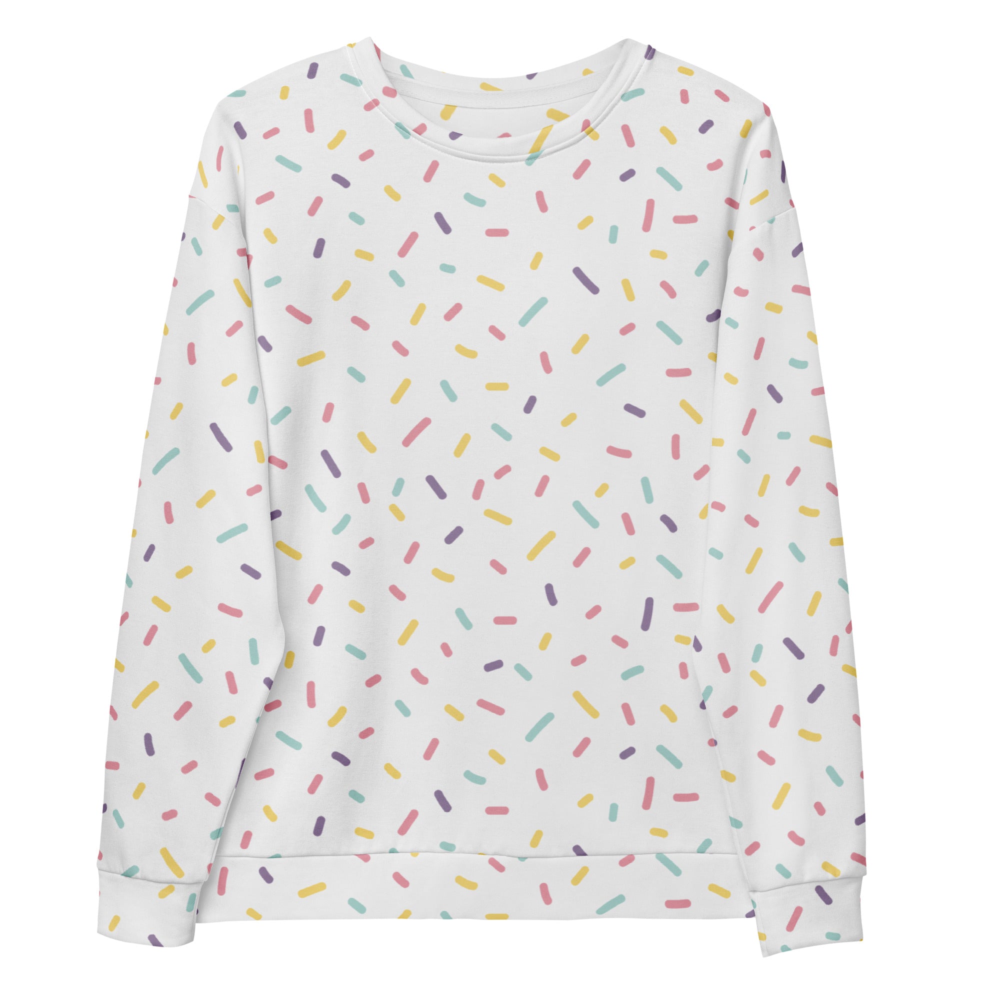 A white long-sleeved sweatshirt with pastel multicolored sprinkles and brushed inner fleece fabric for warmth