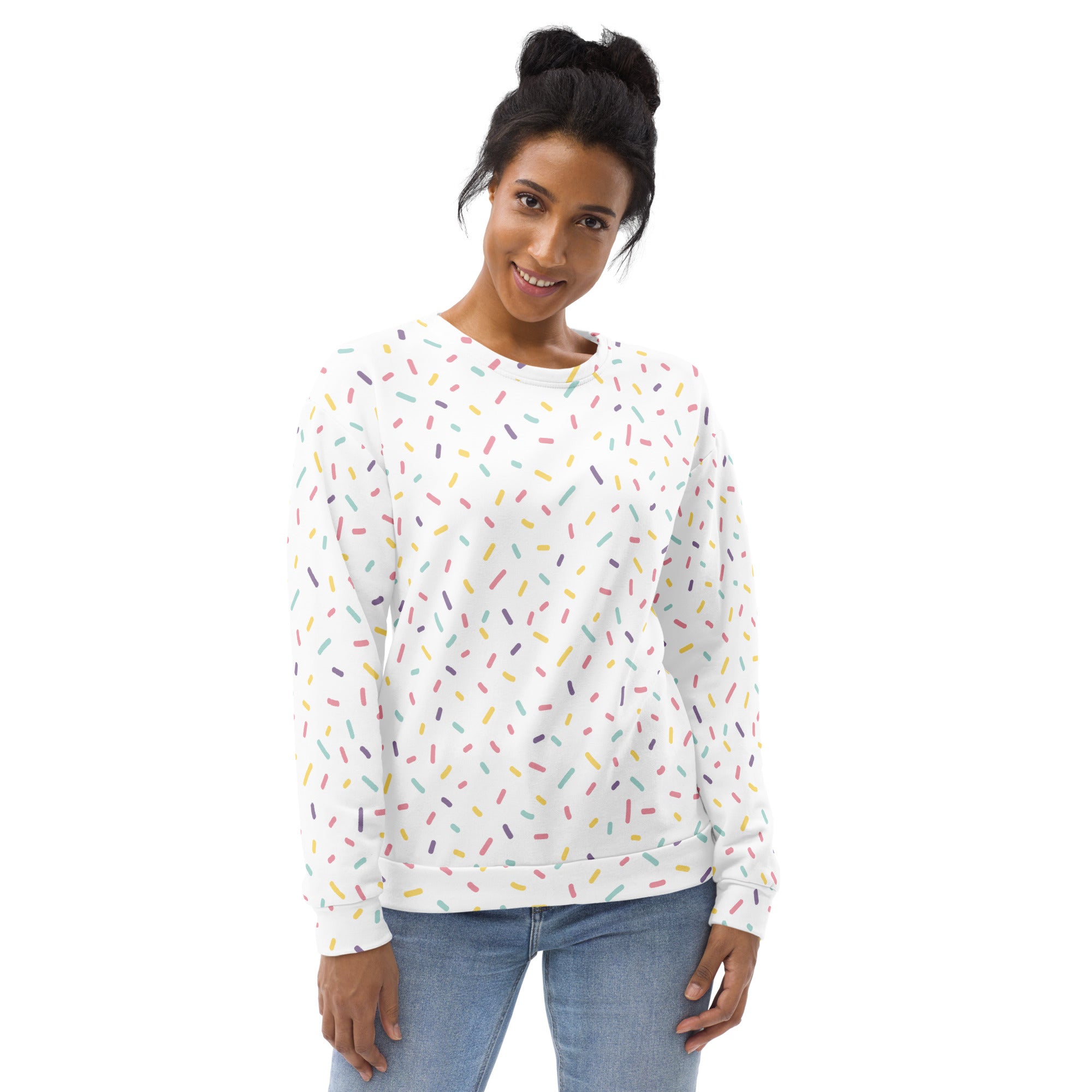 White long-sleeved sweatshirt with colorful sprinkles pattern and brushed inner fleece fabric for warmth
