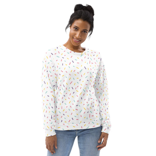 White long-sleeved sweatshirt with colorful sprinkles pattern and brushed inner fleece fabric for warmth