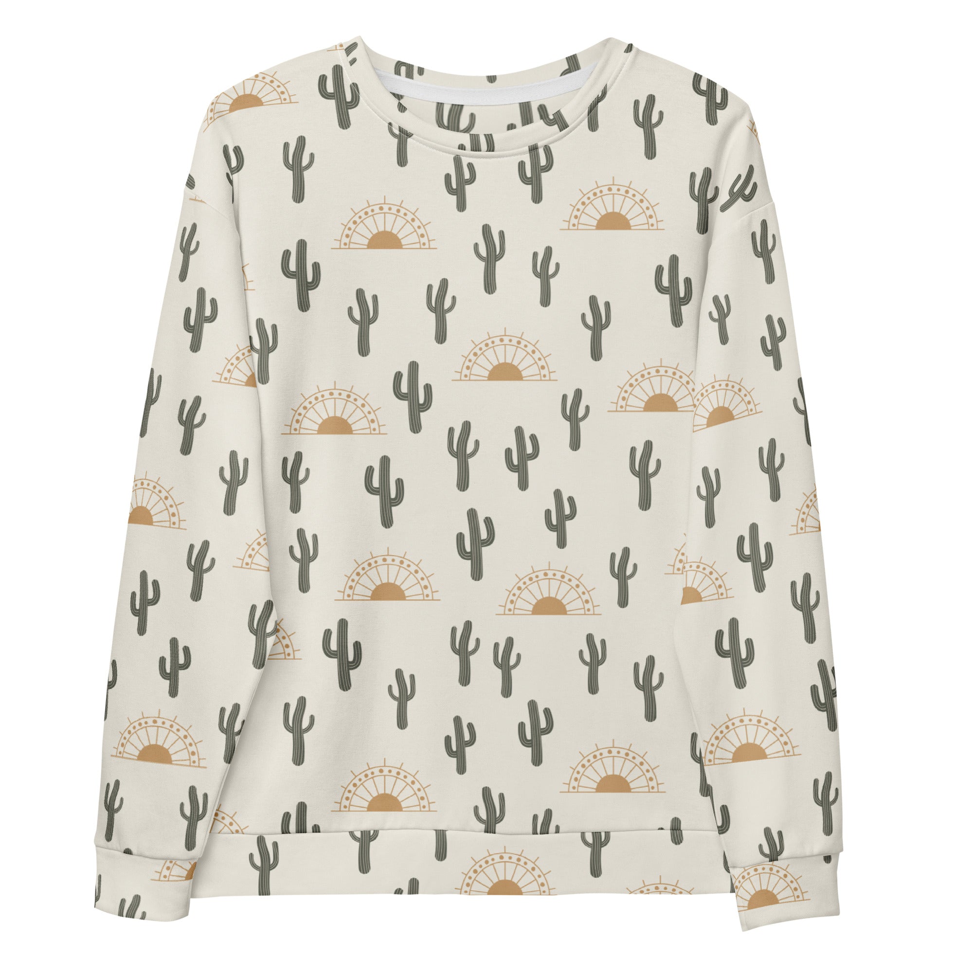Cream-colored long-sleeved cactus desert sunrise sweatshirt with gray cacti tan sunsets and brushed inner fleece fabric