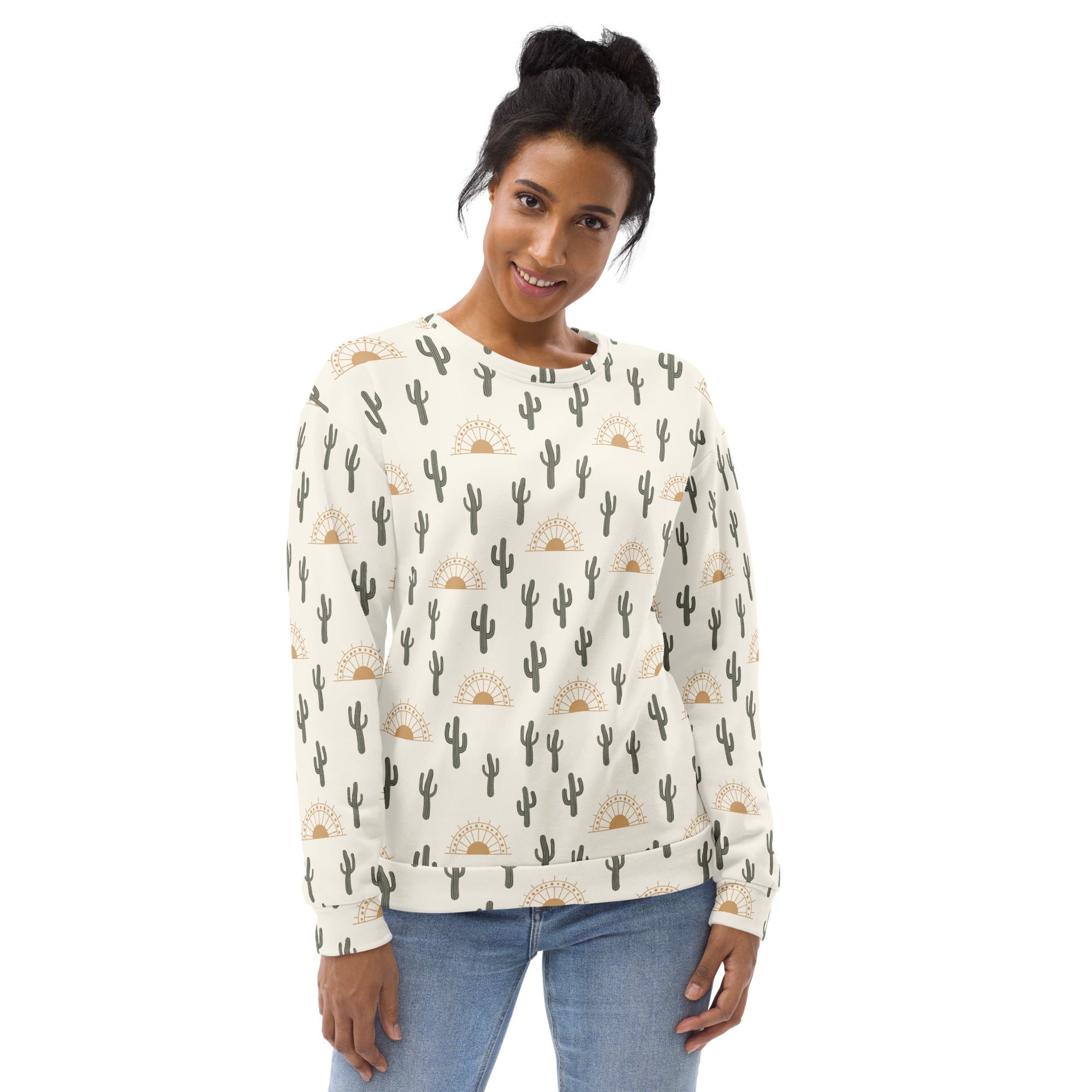 Cream-colored cactus desert sunrise sweatshirt with black cacti and gold sun pattern and brushed inner fleece fabric