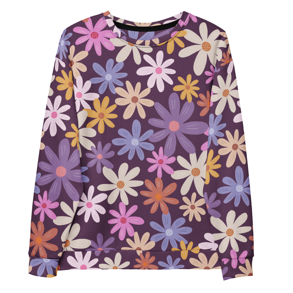 Purple floral flowers sweatshirt with brushed inner fleece fabric featuring vibrant long-sleeved stylized print