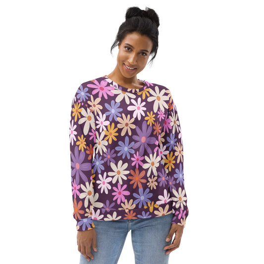 Purple Floral Flowers Sweatshirt With Brushed Inner Fleece Fabric