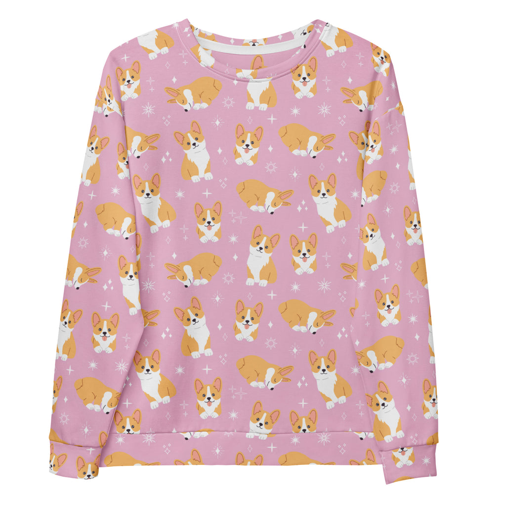 Pink long-sleeved corgi dog sweatshirt with brushed inner fleece featuring a tan and white cartoon pattern and starbursts