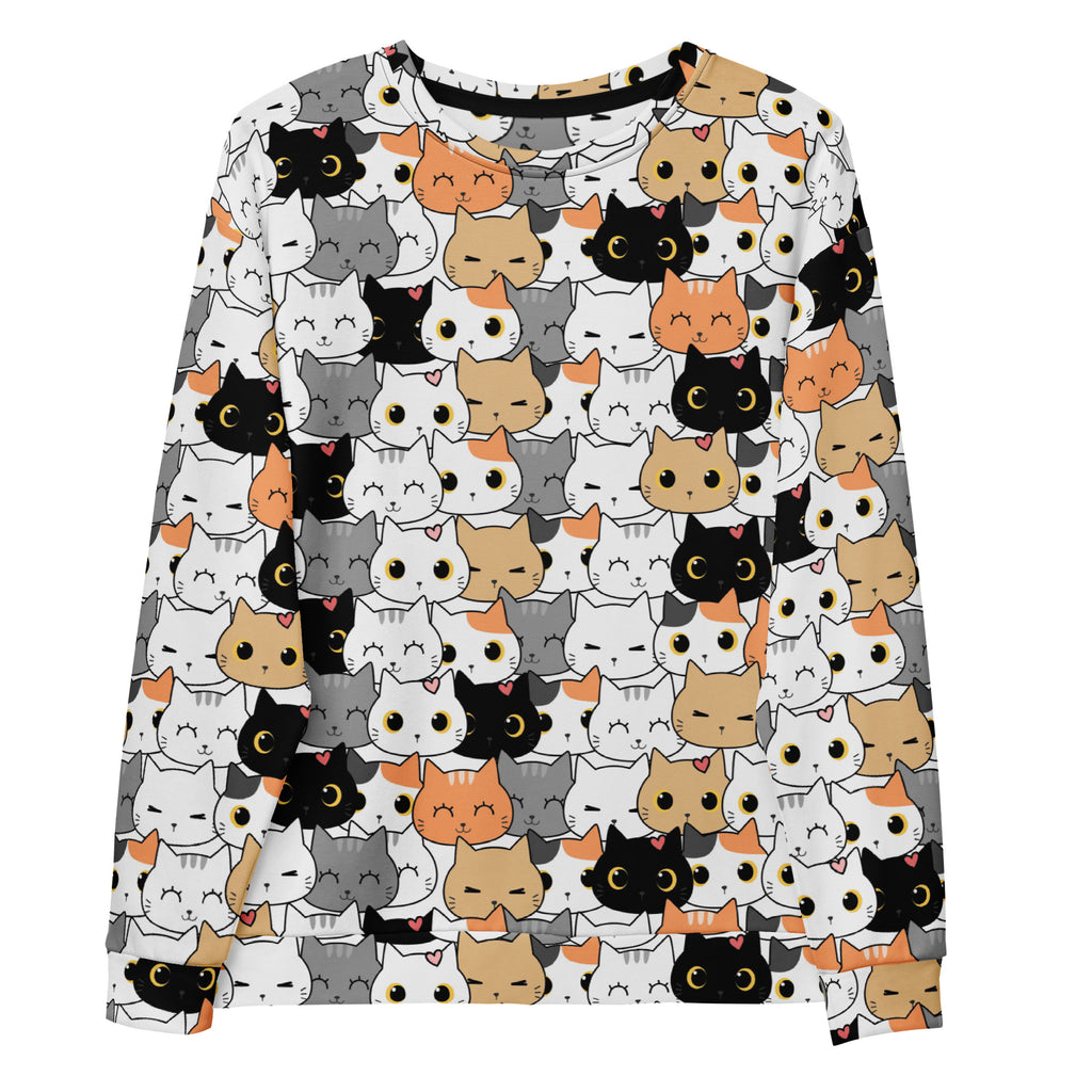 A long-sleeved cat face sweatshirt with playful multicolor cartoon cats and brushed inner fleece fabric