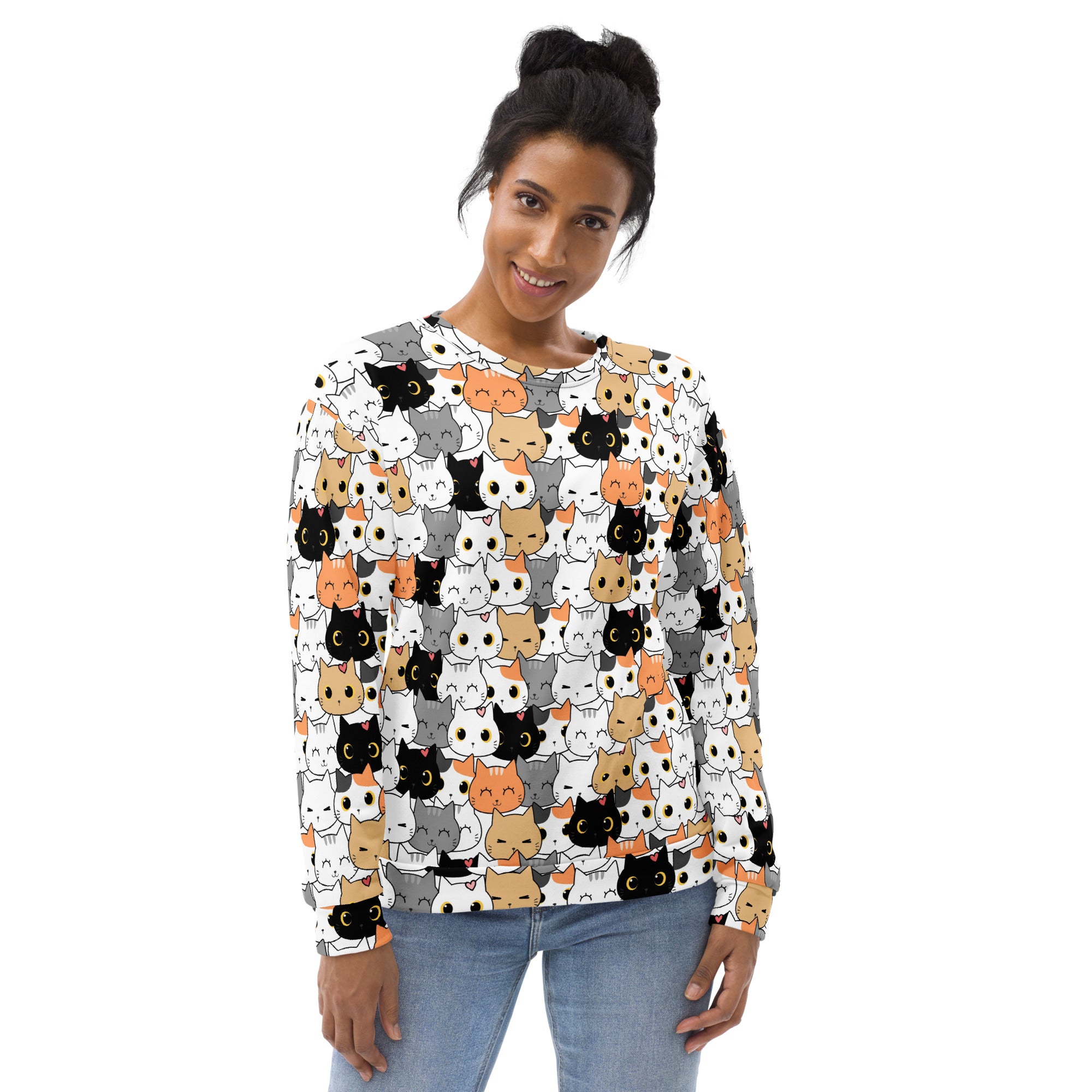 A white long-sleeved cat face sweatshirt with colorful cartoon cats and brushed inner fleece fabric
