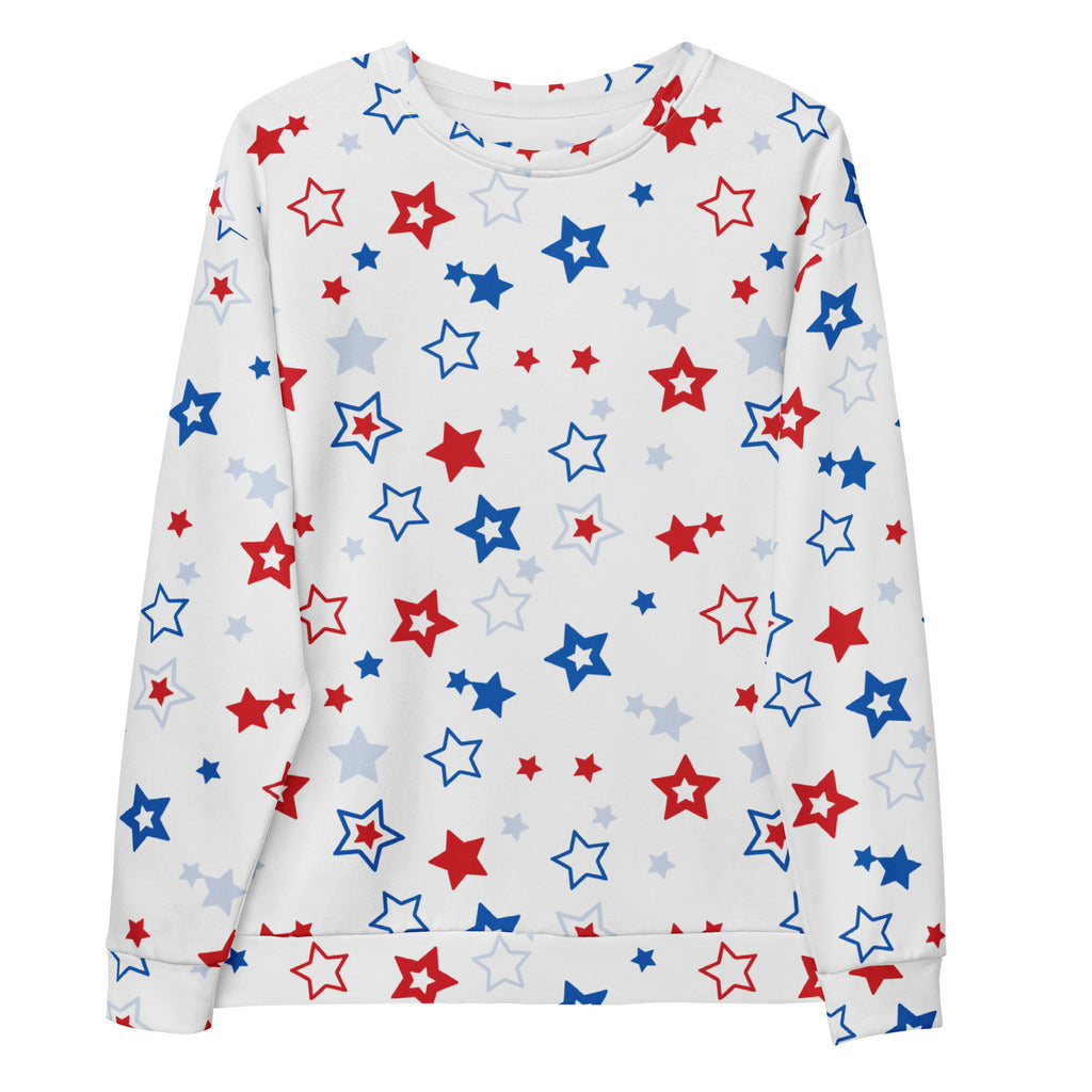 White long-sleeved sweatshirt with red blue and gray stars pattern and brushed inner fleece fabric patriotic design