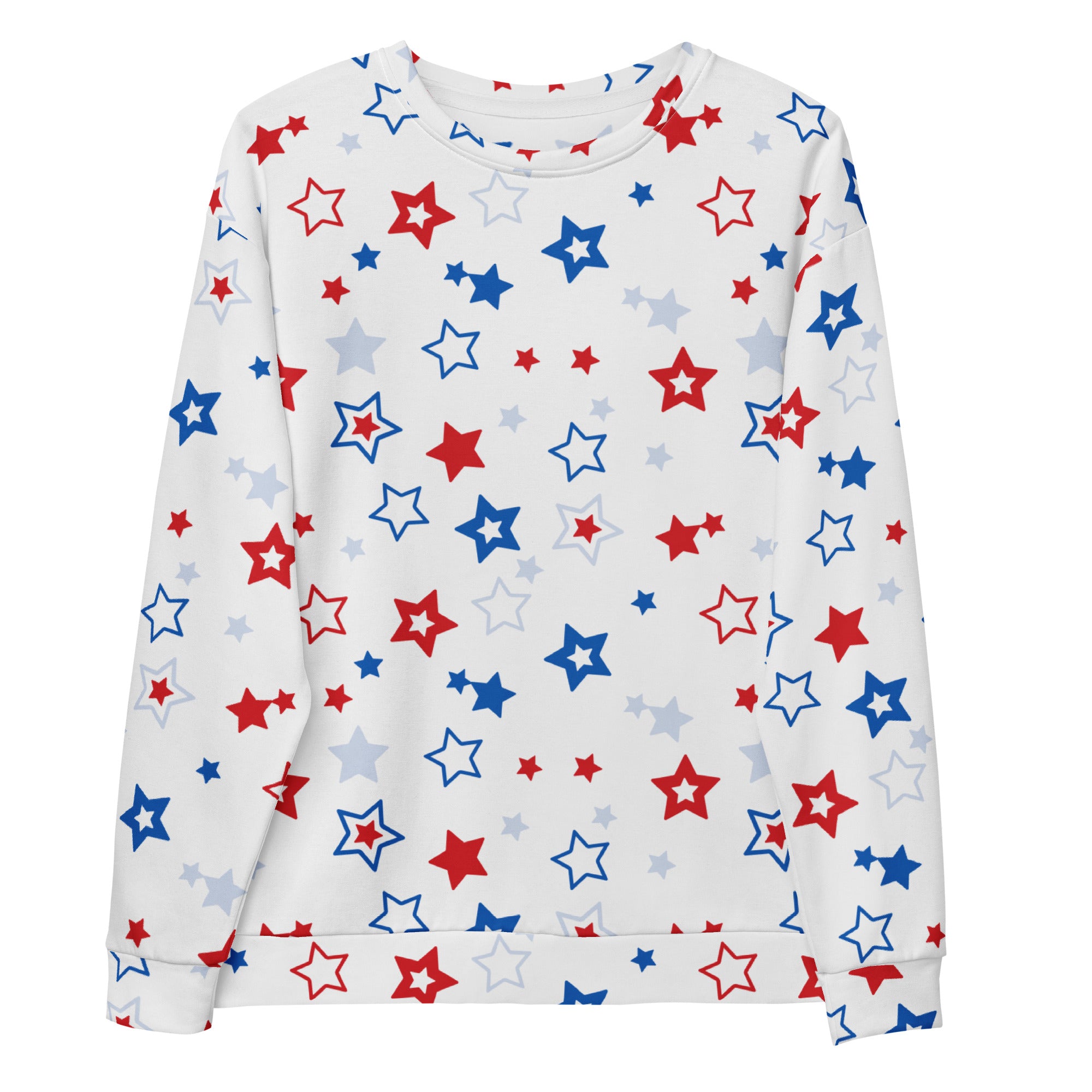 White long-sleeved sweatshirt with red blue and gray stars pattern and brushed inner fleece fabric patriotic design