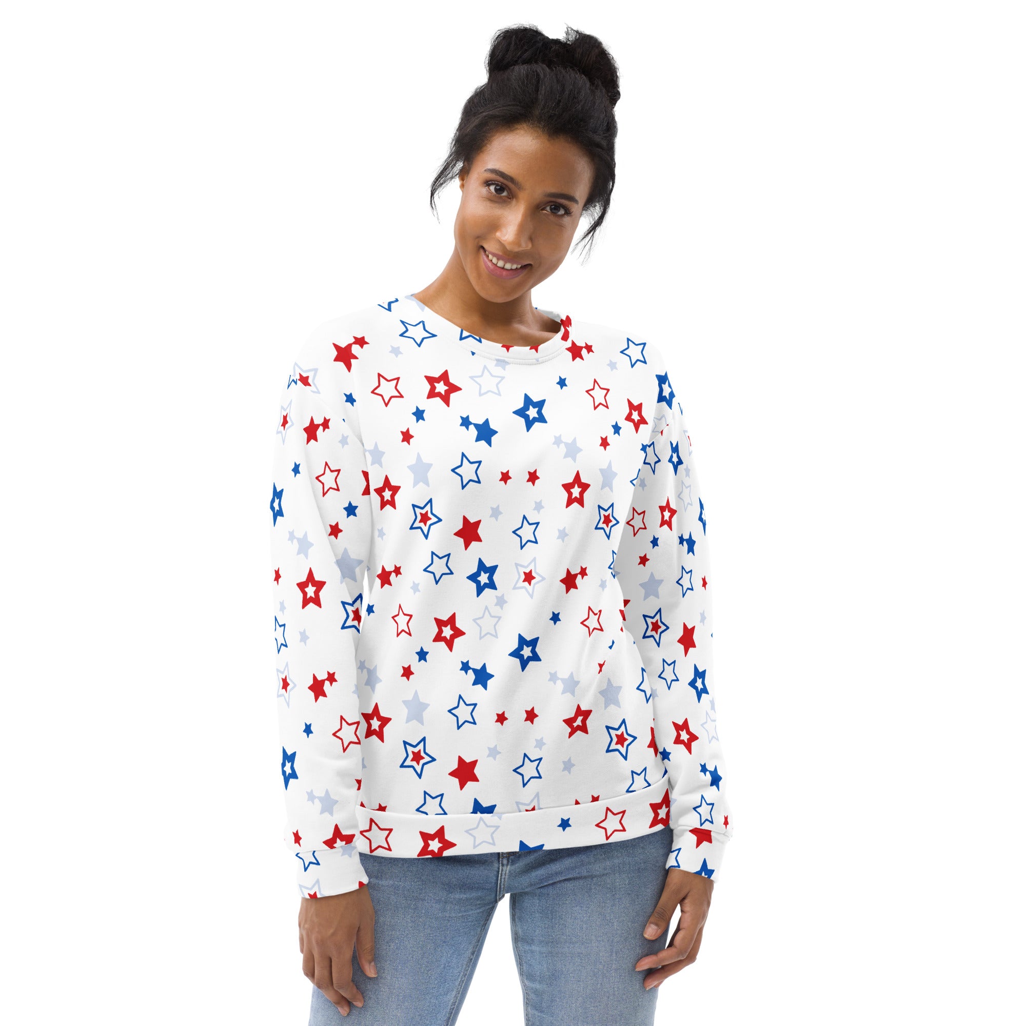 White sweatshirt with playful red blue and silver stars pattern featuring brushed inner fleece fabric