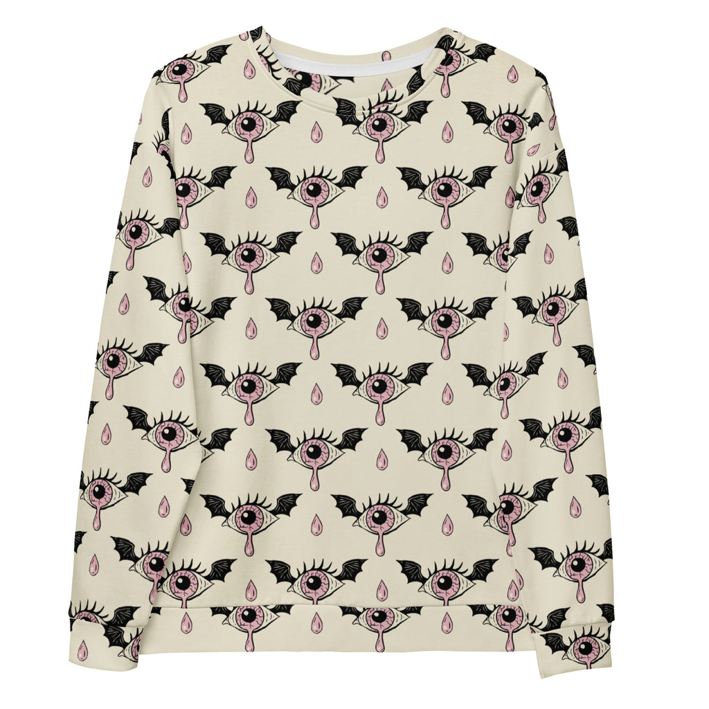 Cream-colored long-sleeved sweatshirt with pink eyes black bat wings pattern and brushed inner fleece for Halloween