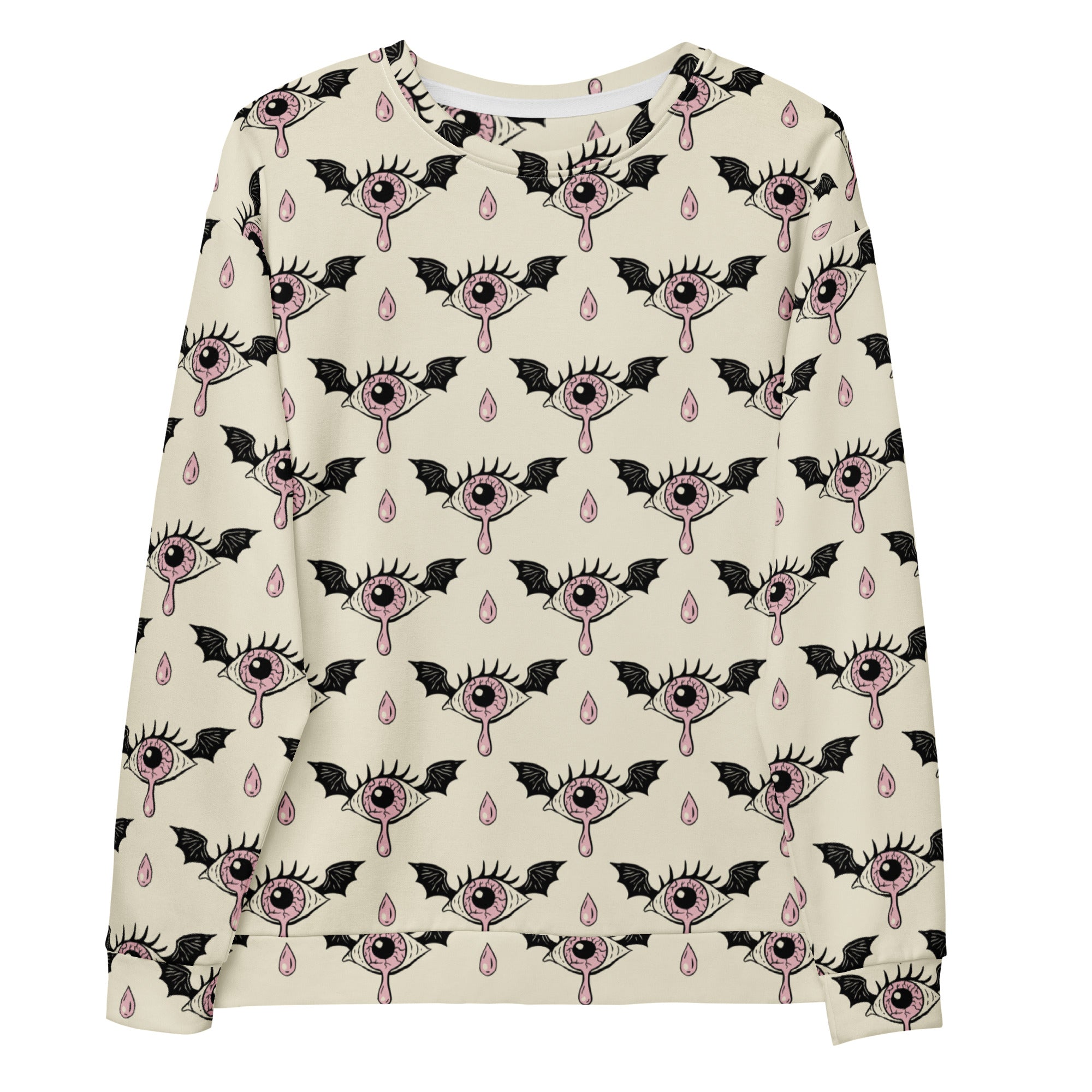 Cream-colored long-sleeved sweatshirt with pink eyes black bat wings pattern and brushed inner fleece for Halloween