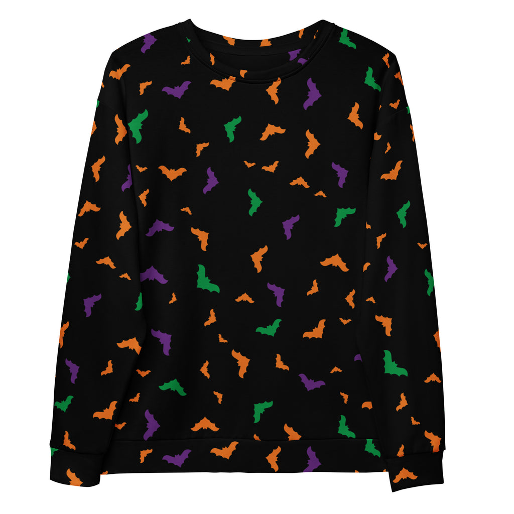 Black long-sleeved sweatshirt with colorful orange purple and green bats and brushed inner fleece fabric for halloween