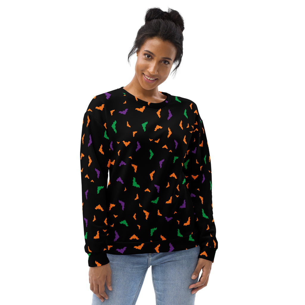 Black long-sleeved sweatshirt with playful orange green and purple bats and brushed inner fleece fabric for halloween