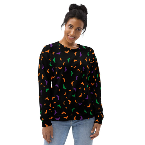 Black long-sleeved sweatshirt with playful orange green and purple bats and brushed inner fleece fabric for halloween