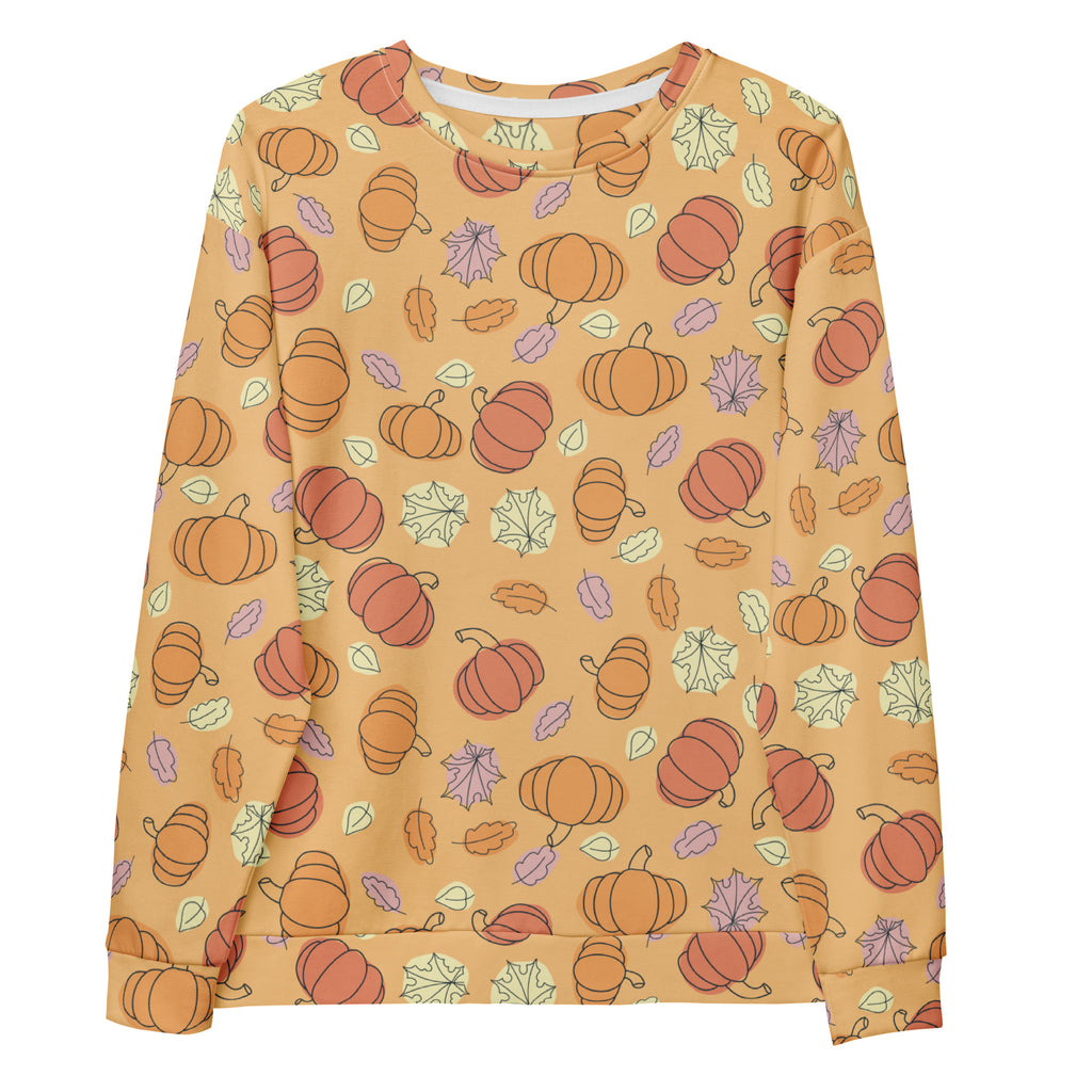 A cozy orange long-sleeved pumpkin patch sweatshirt with playful pumpkin patterns and brushed inner fleece fabric