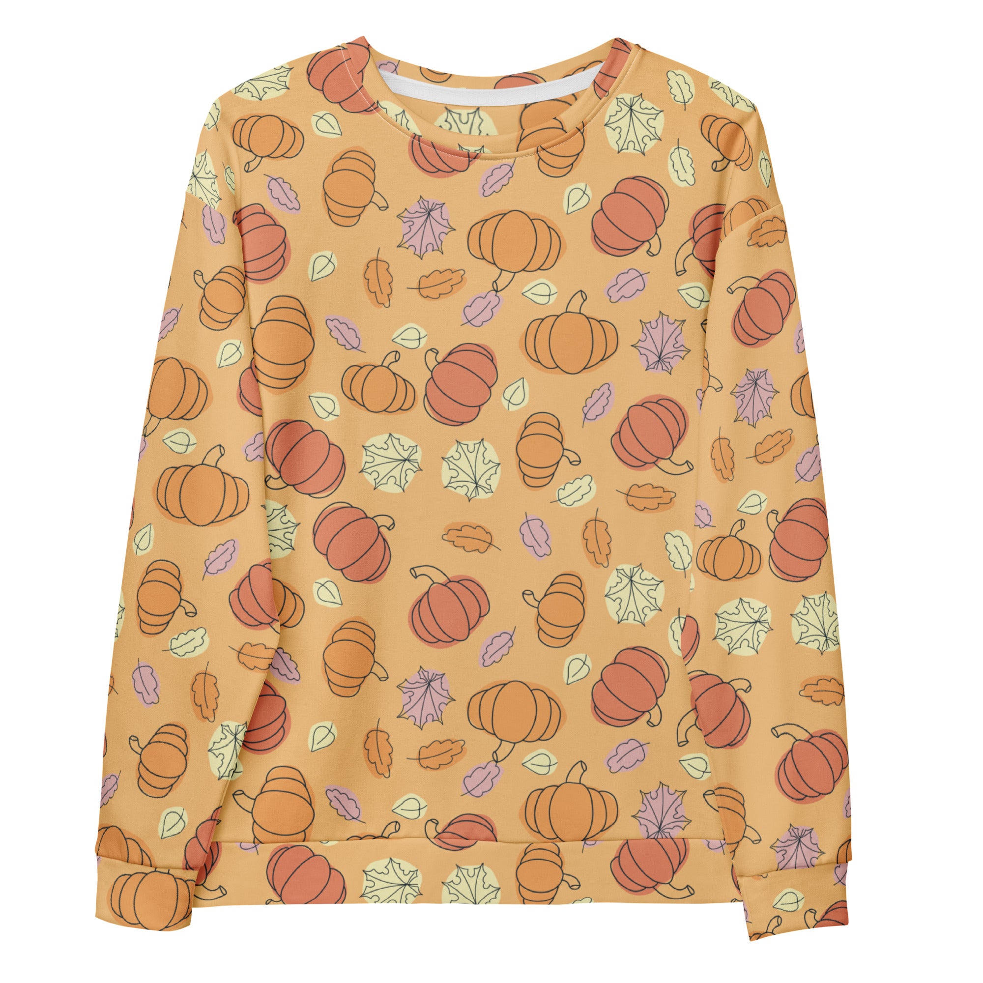 A cozy orange long-sleeved pumpkin patch sweatshirt with playful pumpkin patterns and brushed inner fleece fabric