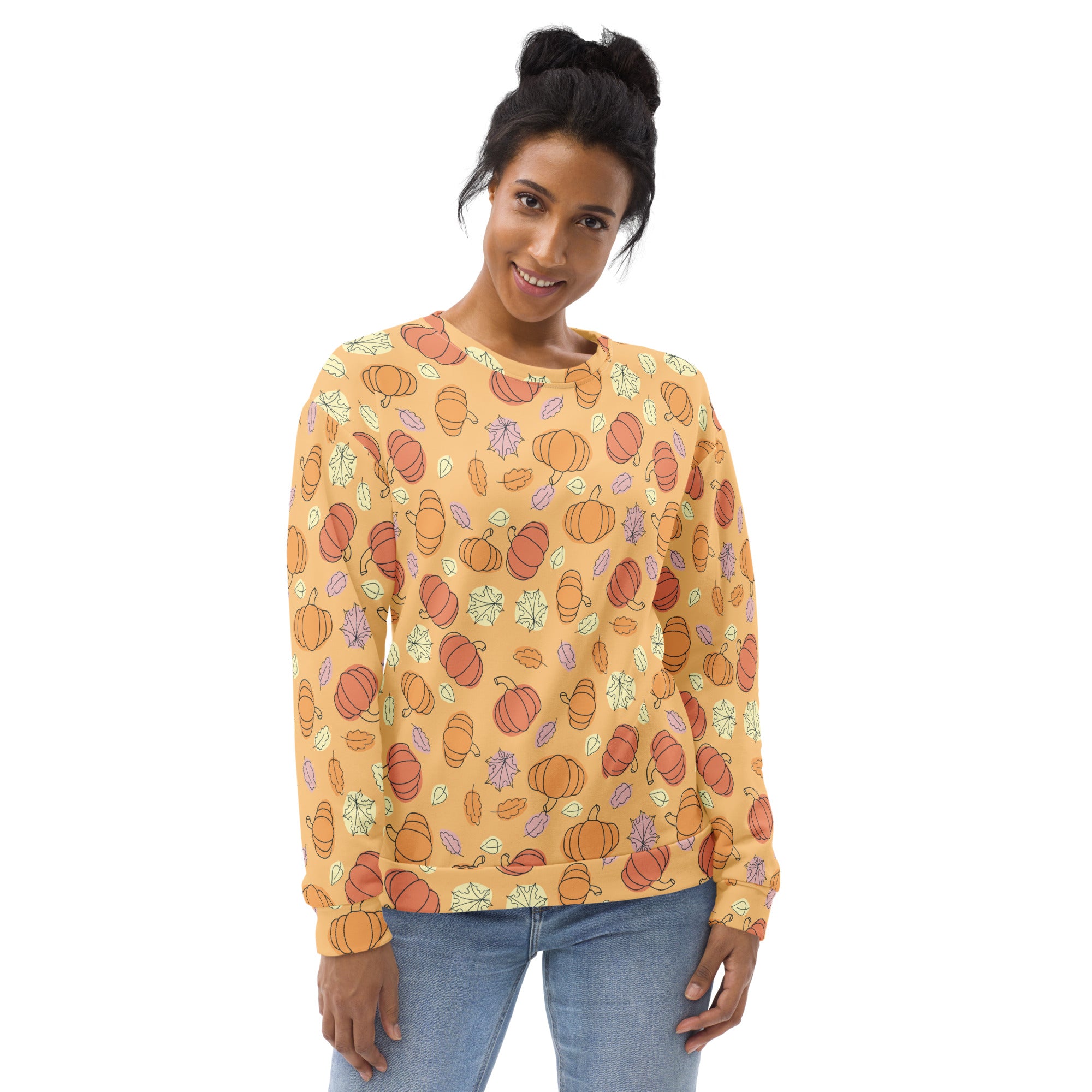 A cozy mustard-yellow pumpkin patch sweatshirt with brushed inner fleece and playful autumn pumpkin and leaf patterns