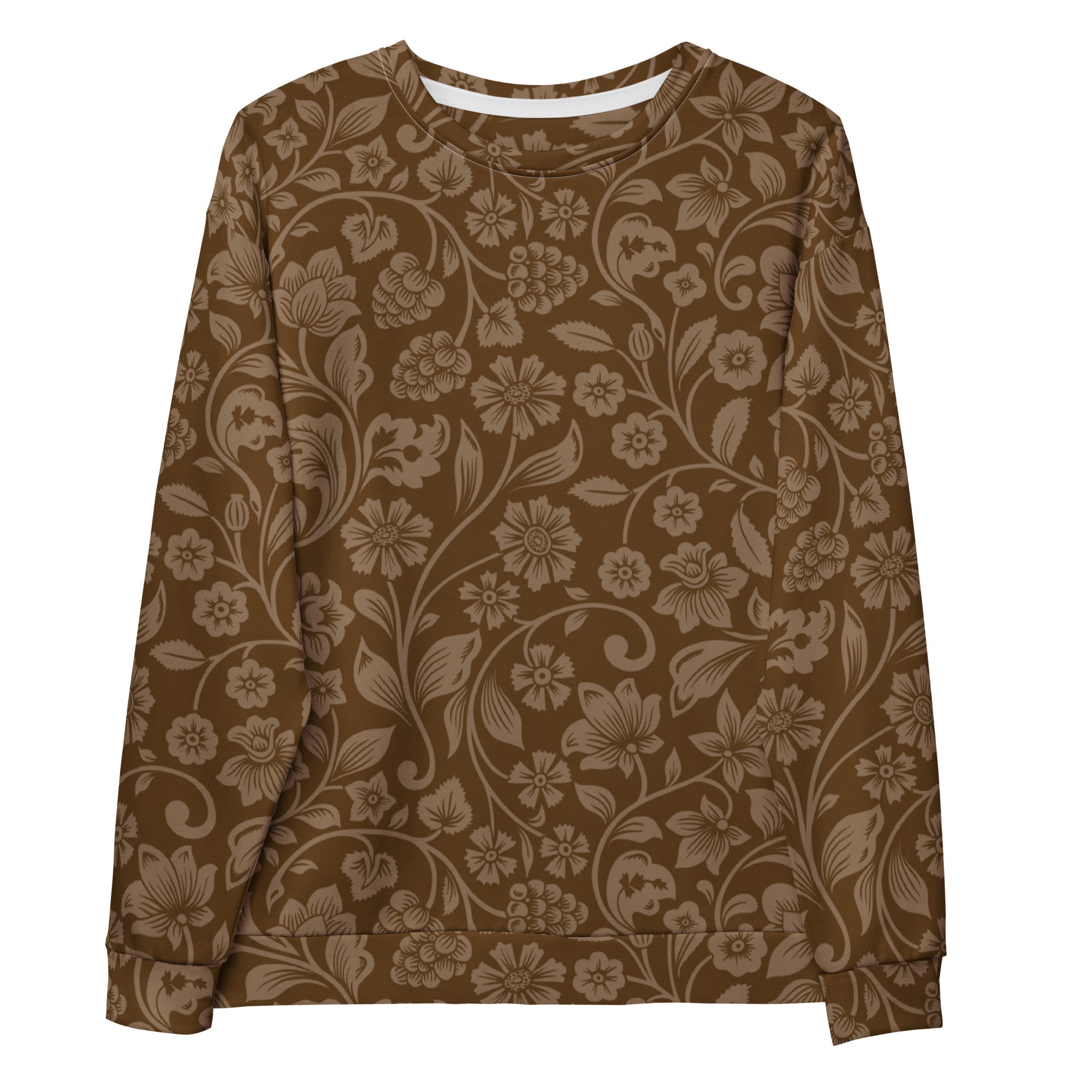 Brown floral sweatshirt with intricate beige pattern and brushed inner fleece fabric for warmth and comfort