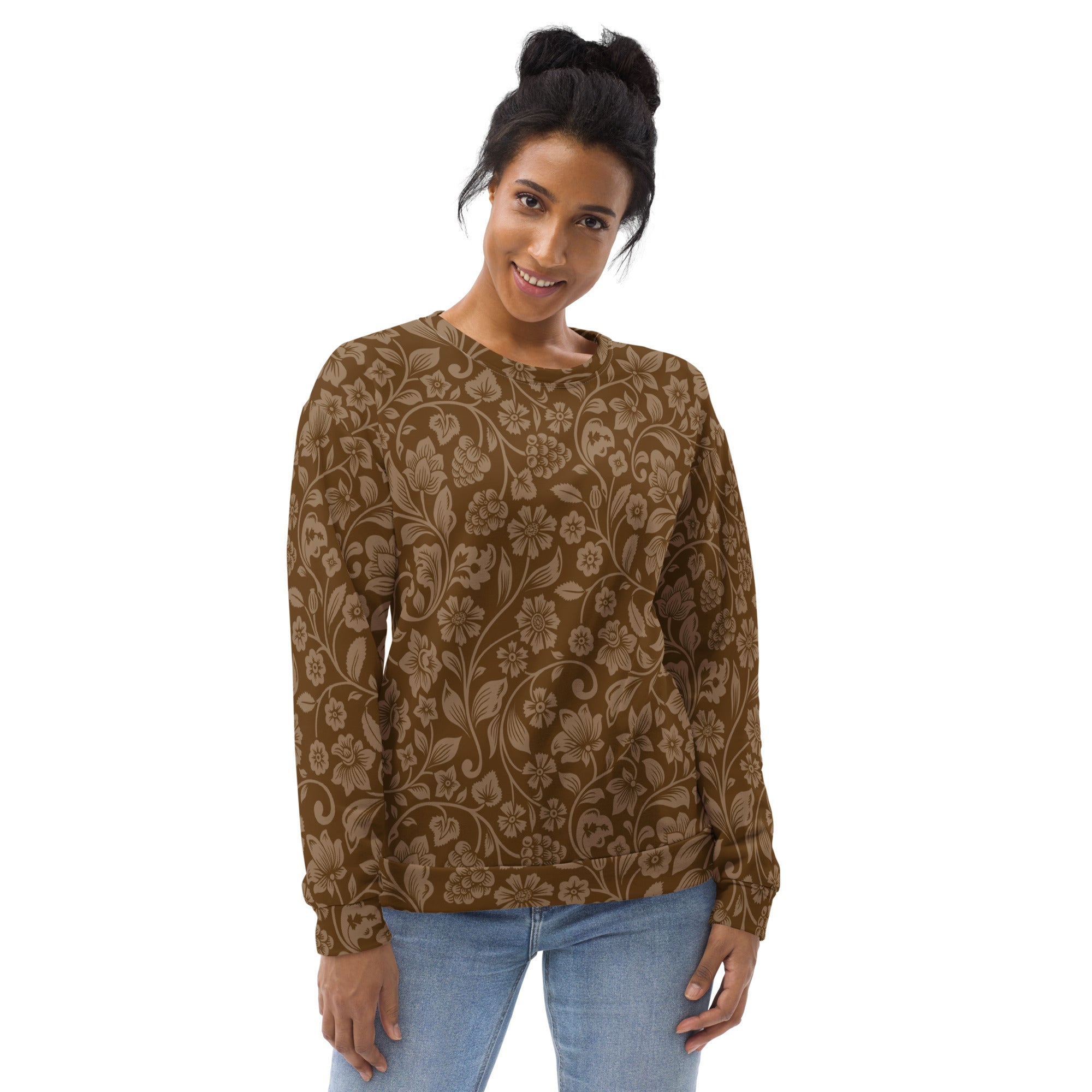 Brown long-sleeved sweatshirt with intricate lighter floral pattern and brushed inner fleece fabric