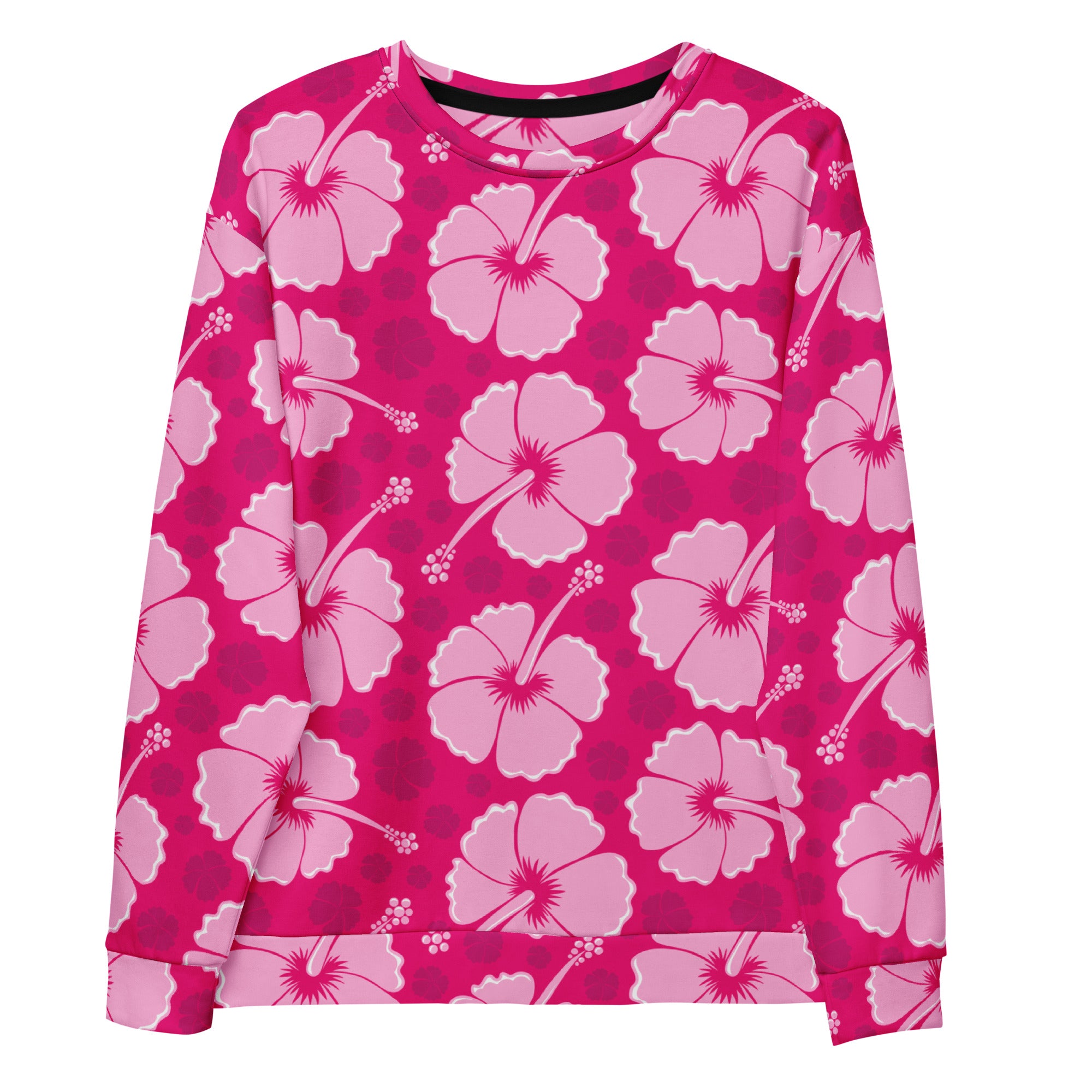 A vibrant pink long-sleeved sweatshirt with light pink hibiscus pattern and brushed inner fleece fabric