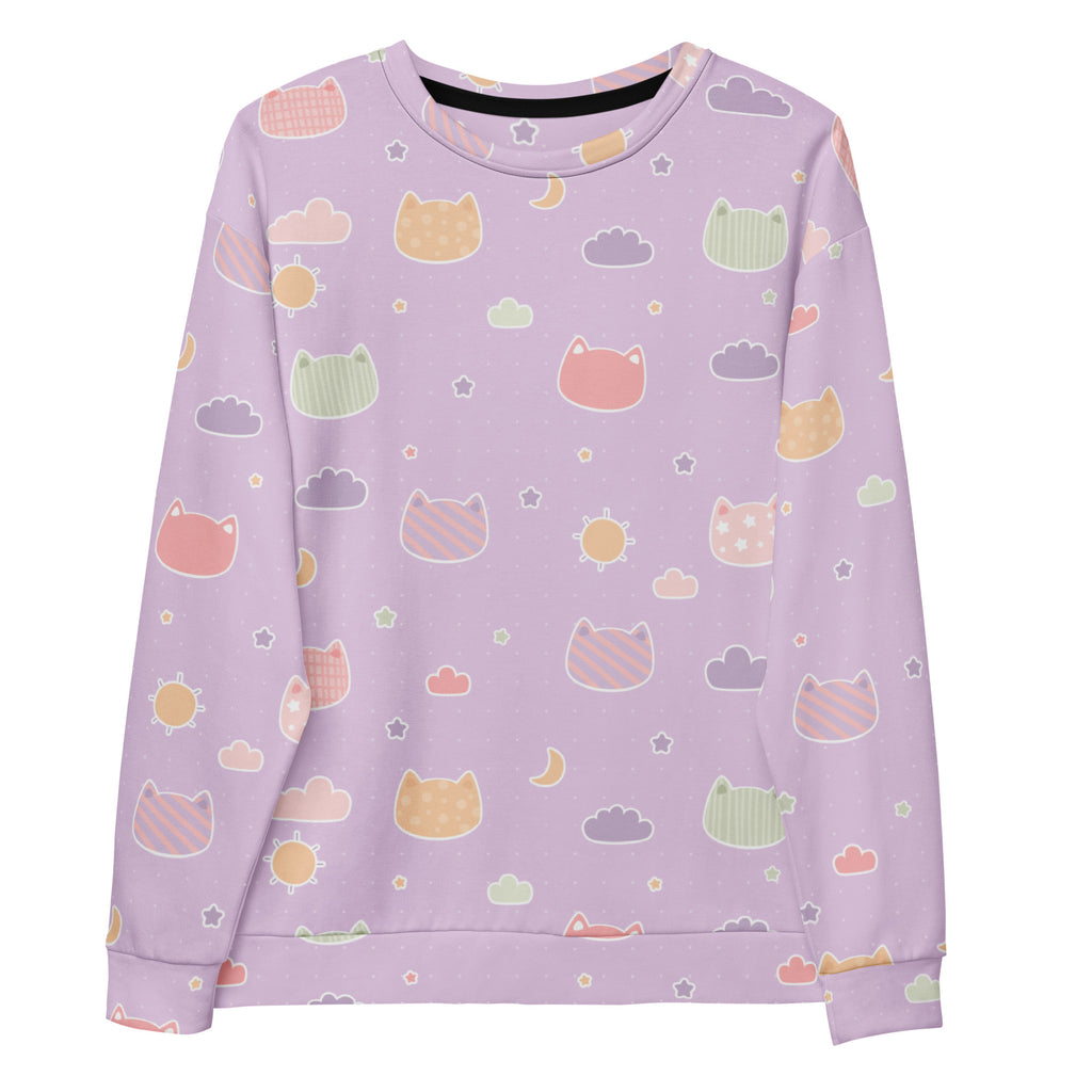 A soft lavender long-sleeved sweatshirt with pastel cartoon cats clouds suns moons and brushed inner fleece fabric
