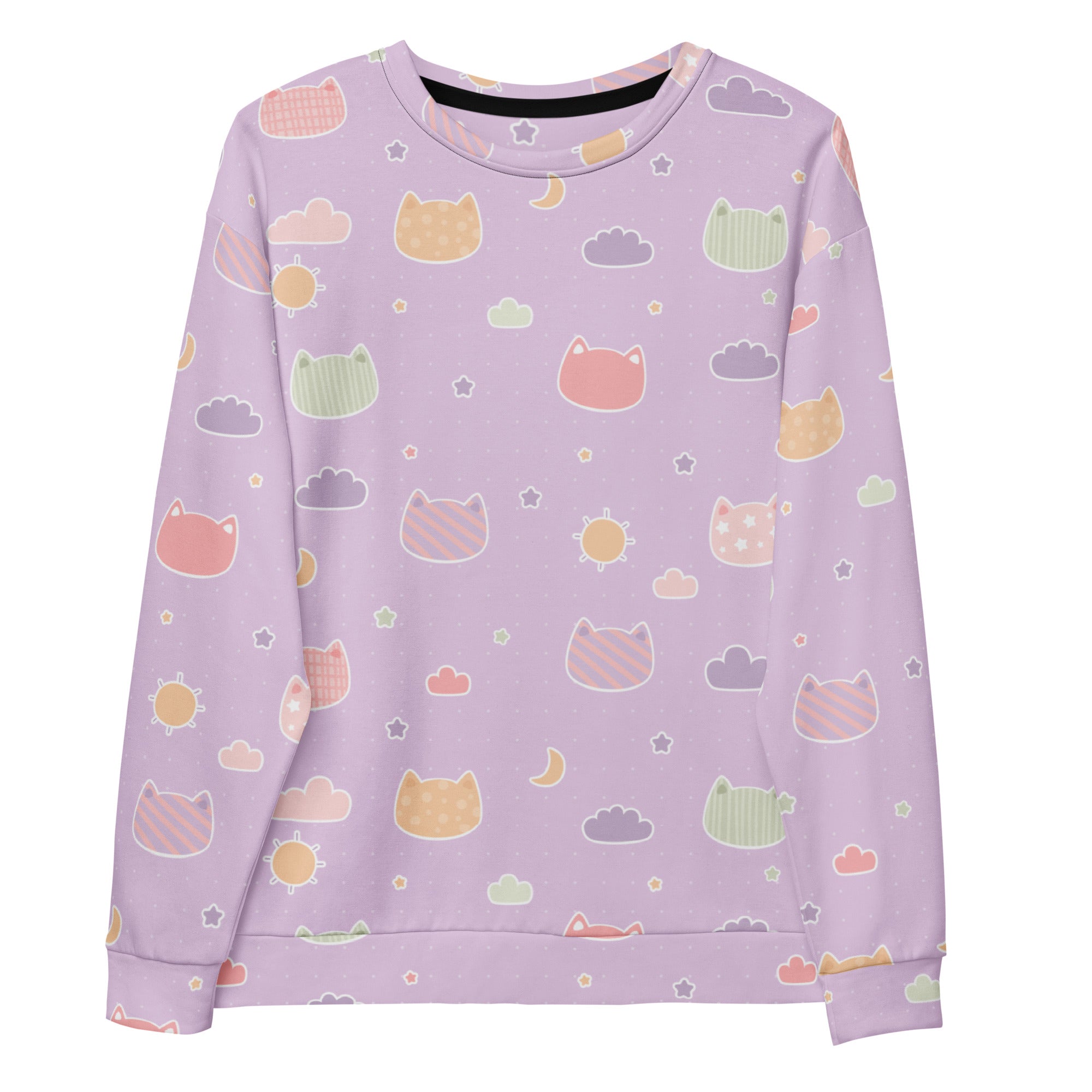 A soft lavender long-sleeved sweatshirt with pastel cartoon cats clouds suns moons and brushed inner fleece fabric