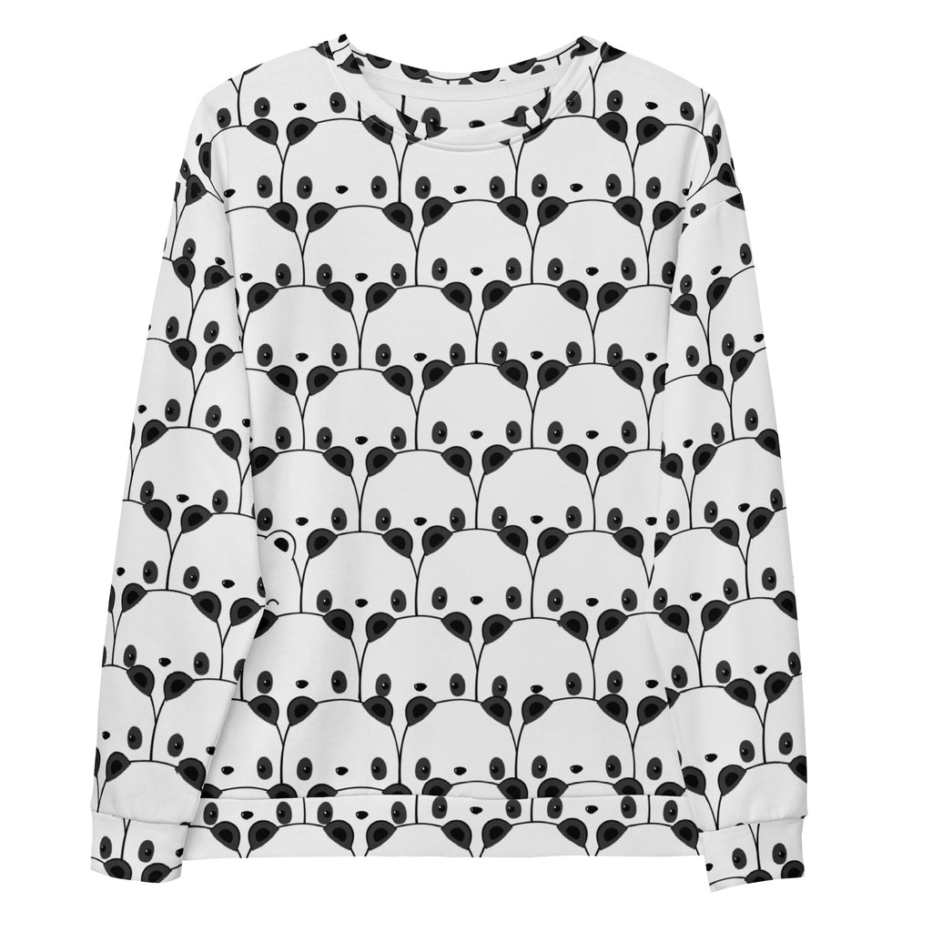 White long-sleeved panda face sweatshirt with black line-art pattern and brushed inner fleece fabric