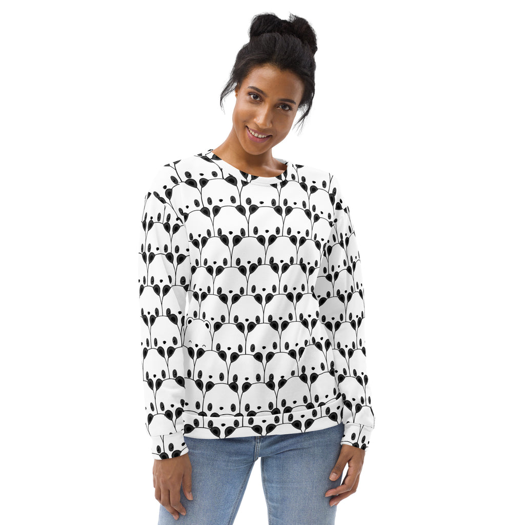 White long-sleeved panda face sweatshirt with brushed inner fleece fabric and repeating black panda pattern