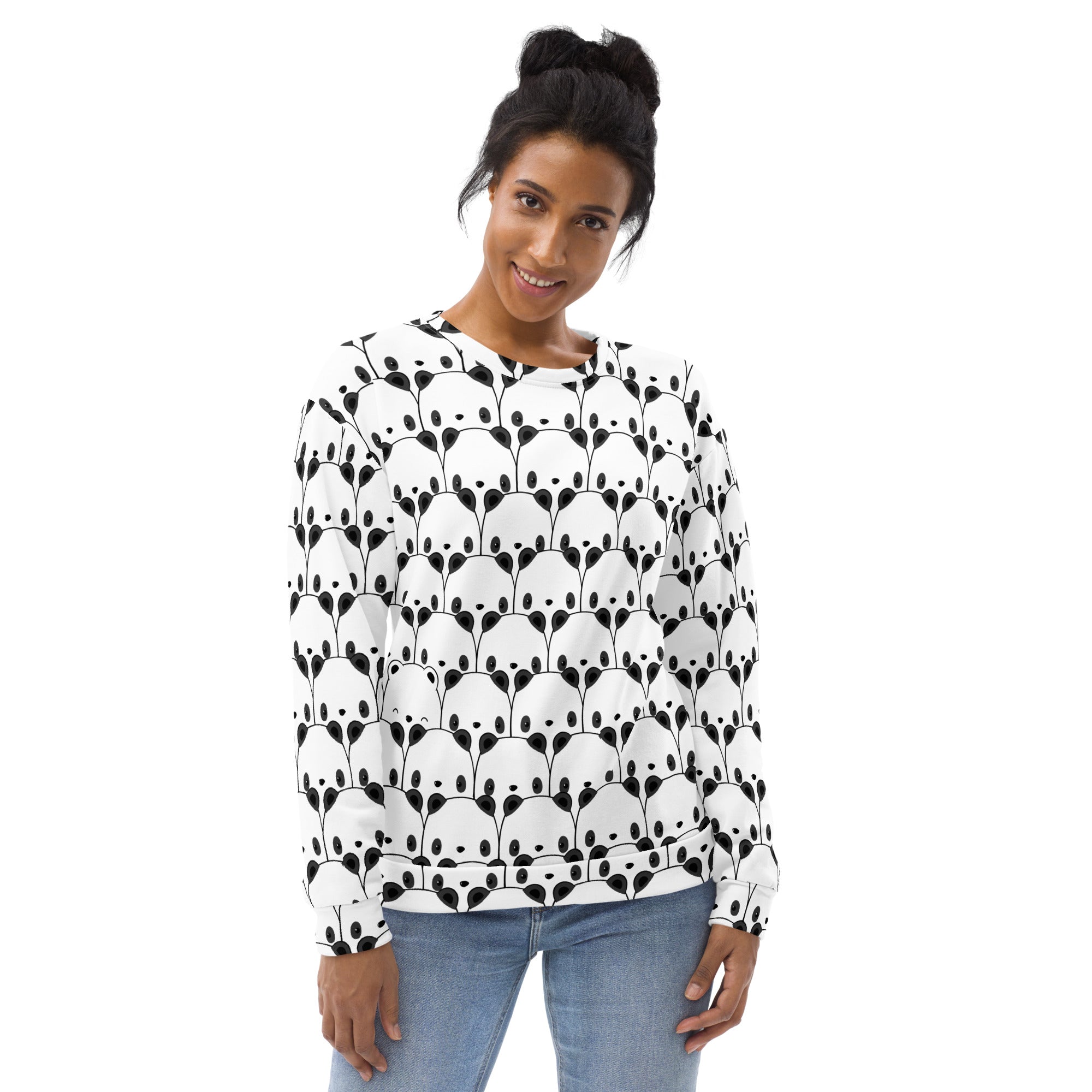 White long-sleeved panda face sweatshirt with brushed inner fleece fabric and repeating black panda pattern