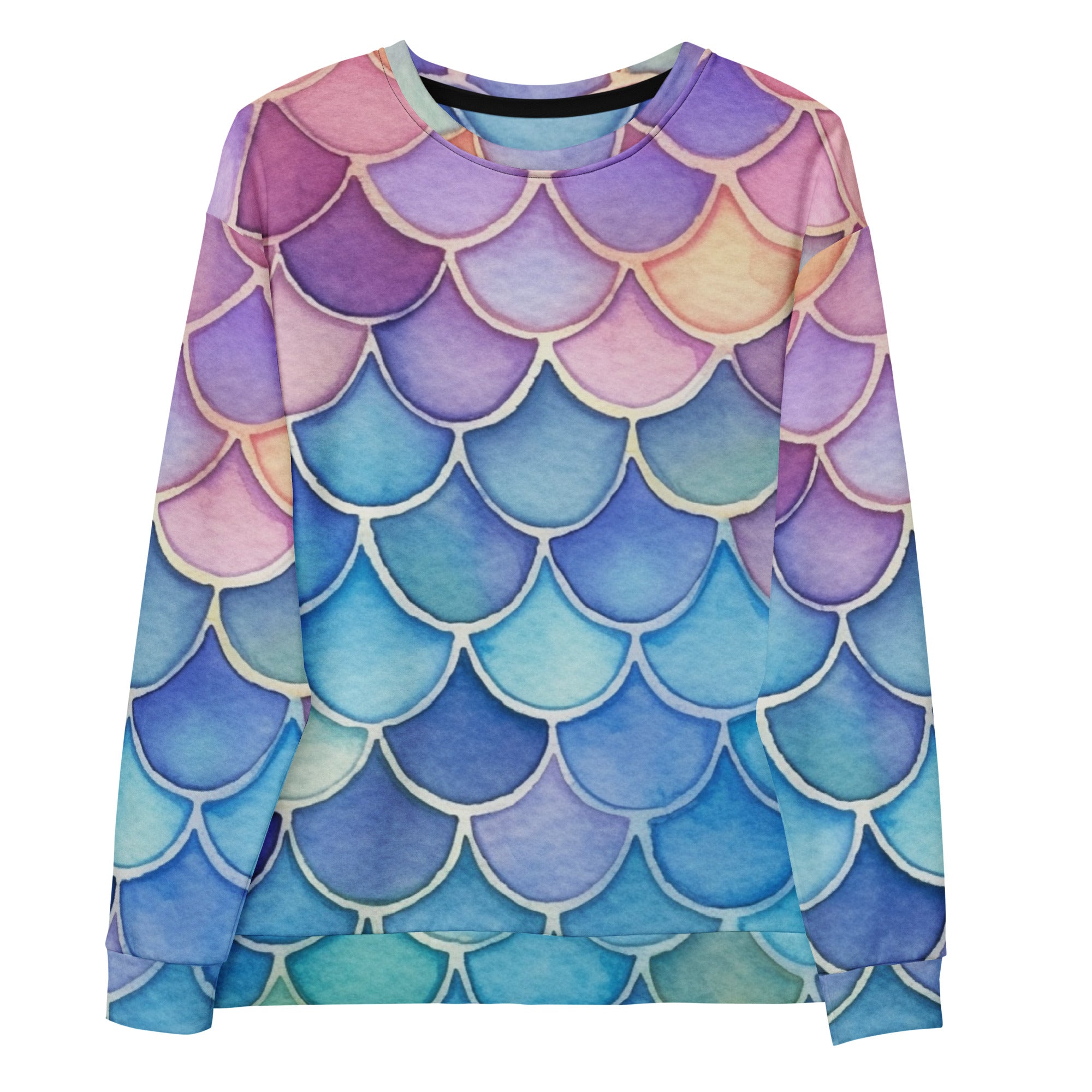 Colorful mermaid scales long-sleeved sweatshirt with watercolor gradient and brushed inner fleece fabric