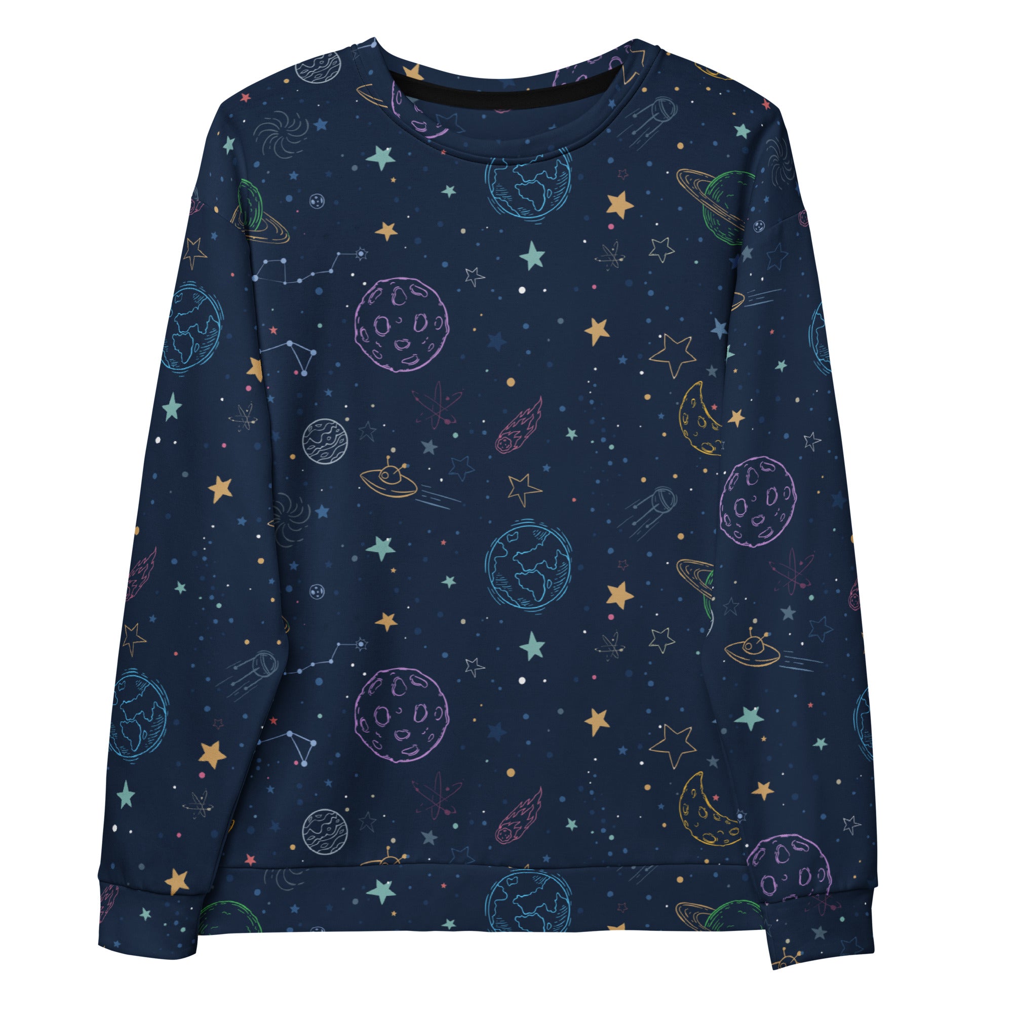 A navy blue long-sleeved sweatshirt with whimsical pastel space print and brushed inner fleece fabric