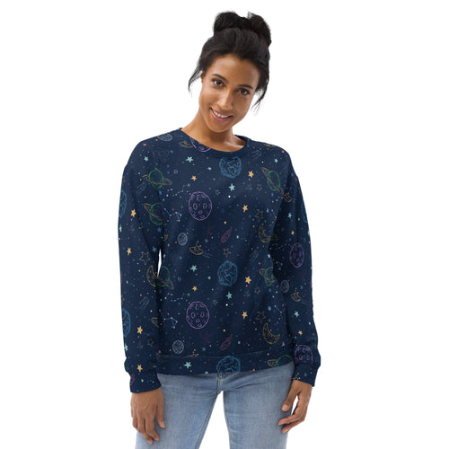 A navy blue long-sleeved sweatshirt with colorful galaxy space pattern and brushed inner fleece fabric