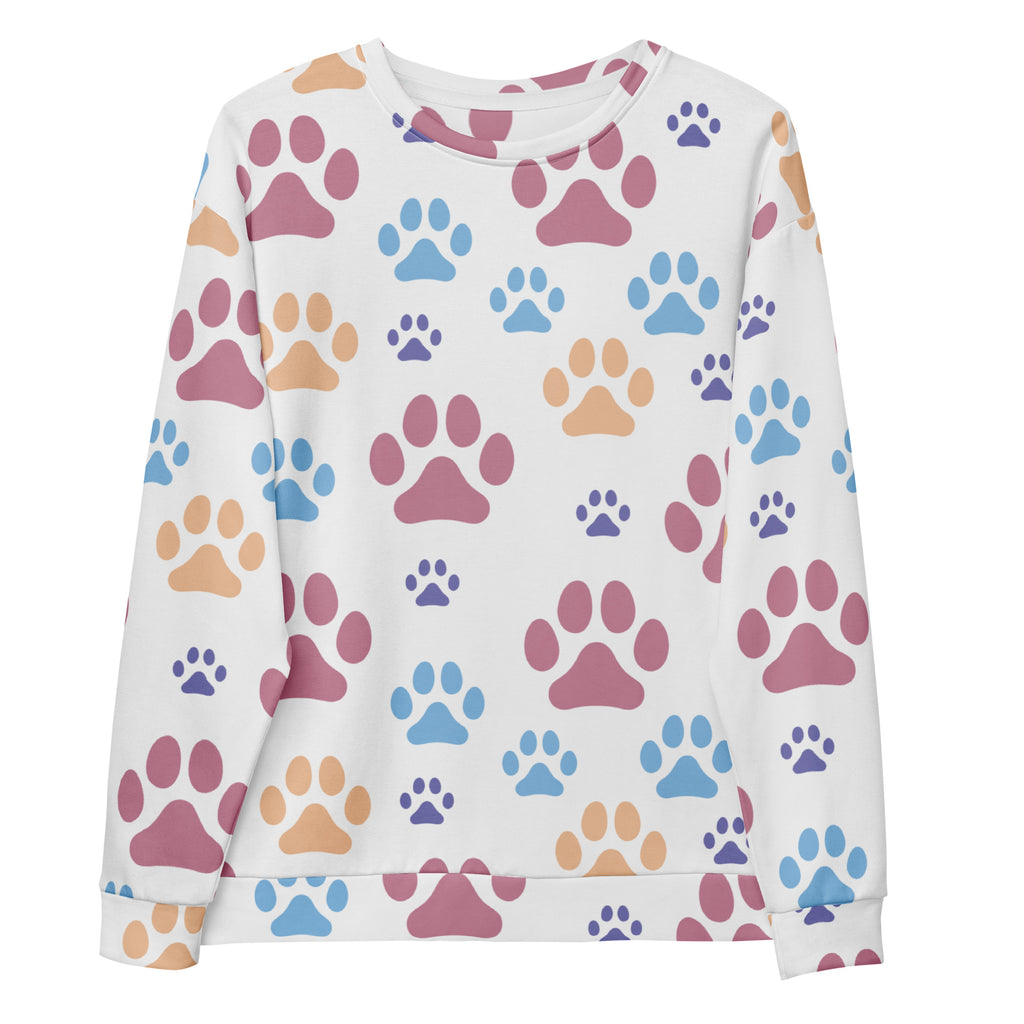 A white long-sleeved sweatshirt with colorful pink blue beige paw prints and brushed inner fleece fabric