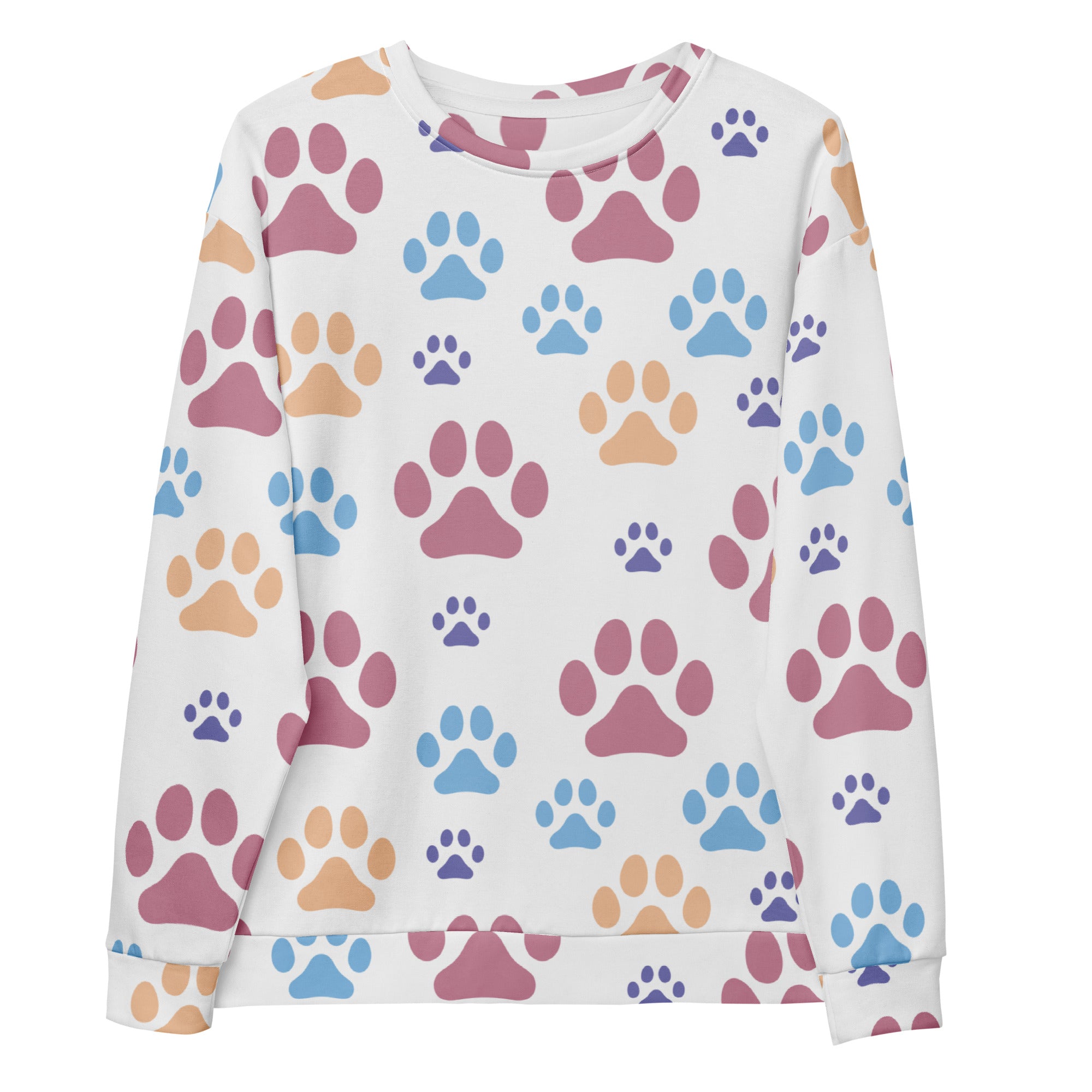 A white long-sleeved sweatshirt with colorful pink blue beige paw prints and brushed inner fleece fabric