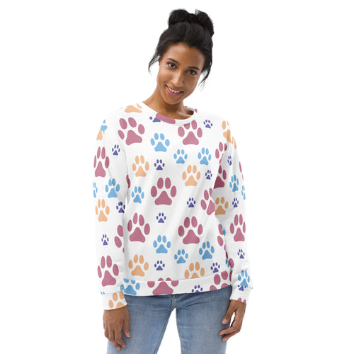 White sweatshirt with colorful pink blue and orange paw print pattern and brushed inner fleece fabric