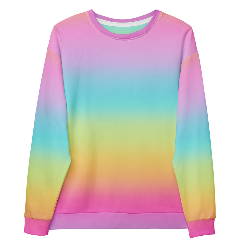 A vibrant rainbow gradient long-sleeve sweatshirt with soft smooth fabric ribbed cuffs and brushed inner fleece lining