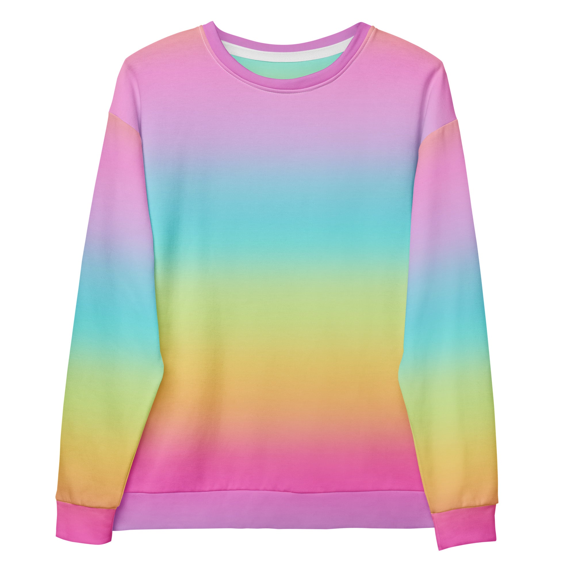 A vibrant rainbow gradient long-sleeve sweatshirt with soft smooth fabric ribbed cuffs and brushed inner fleece lining