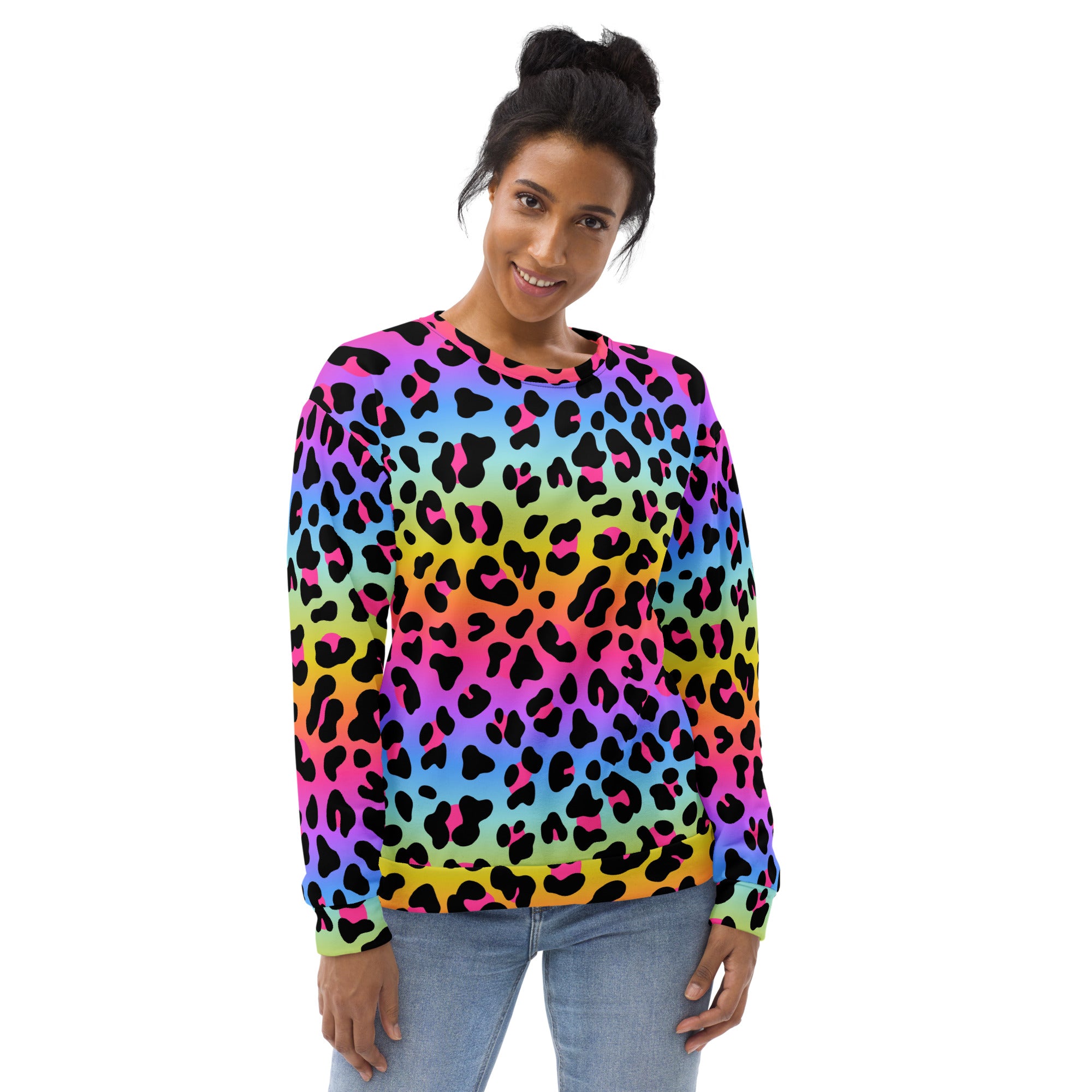 Rainbow Leopard Sweatshirt With Brushed Inner Fleece Fabric