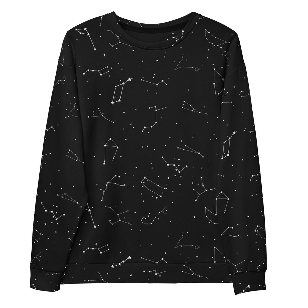 Black long-sleeved sweatshirt with white realistic constellation print and brushed inner fleece fabric