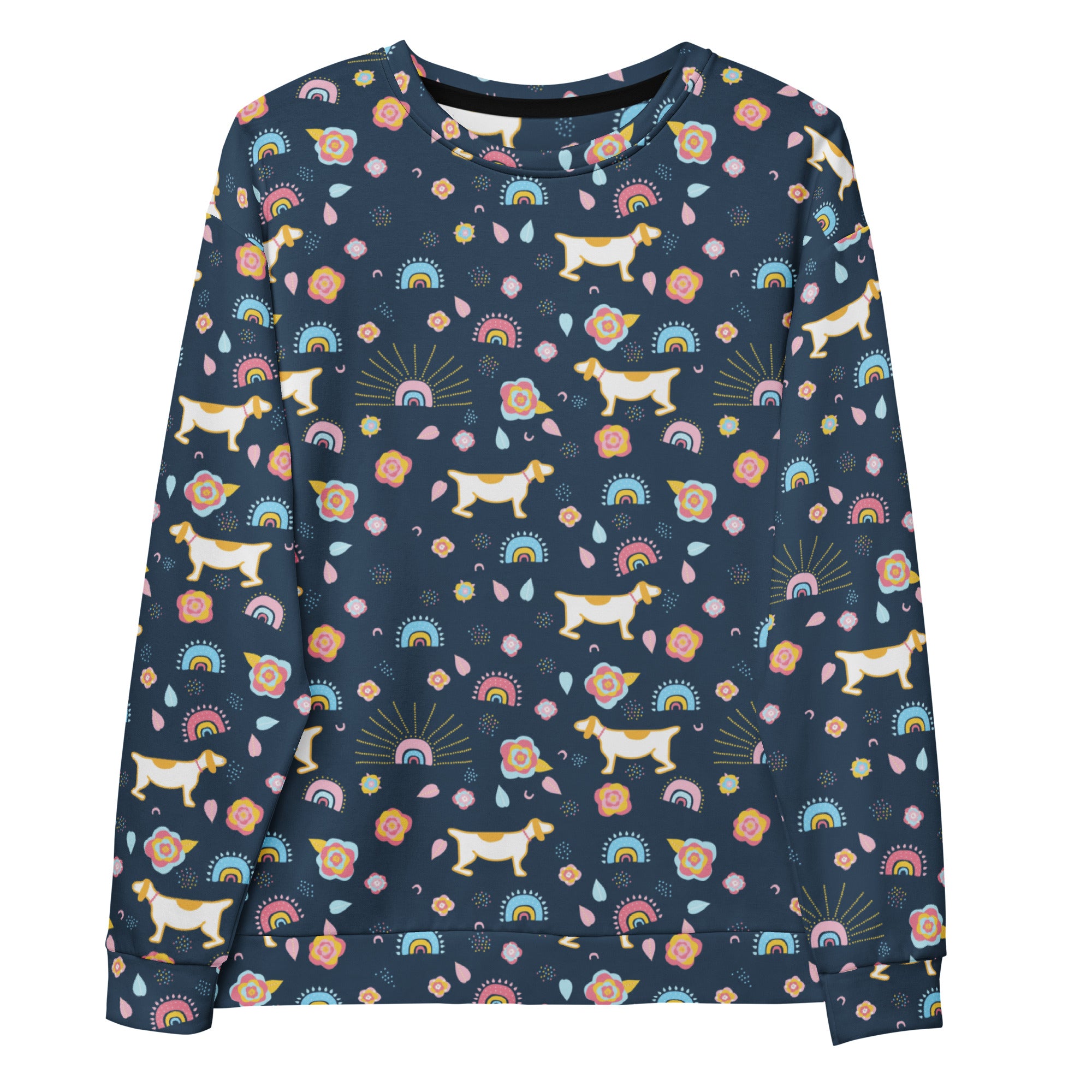 A navy blue long-sleeved sweatshirt with a playful dog and rainbow pattern and brushed inner fleece fabric