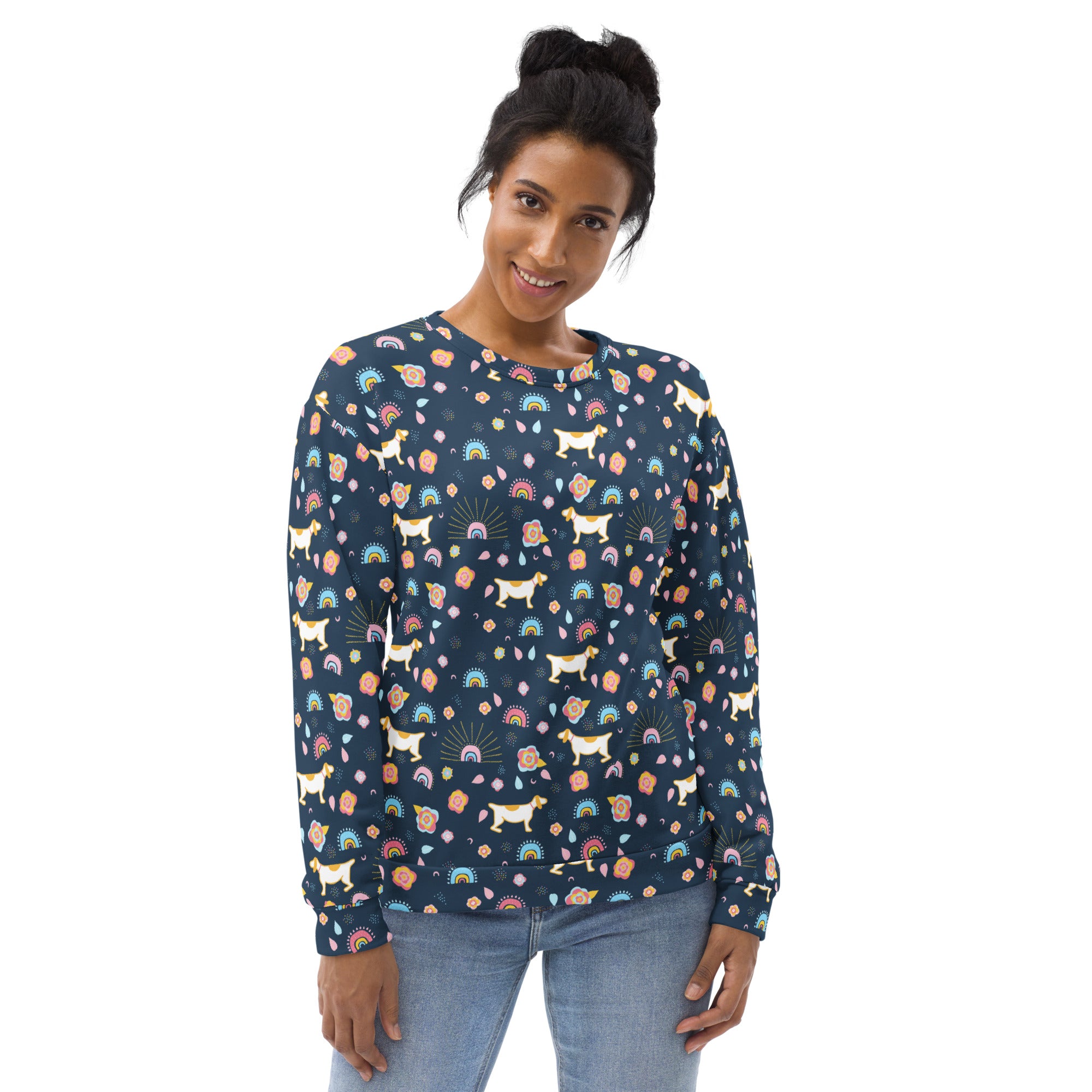 A navy blue long-sleeved sweatshirt with white dog, rainbow, and flower pattern featuring brushed inner fleece fabric