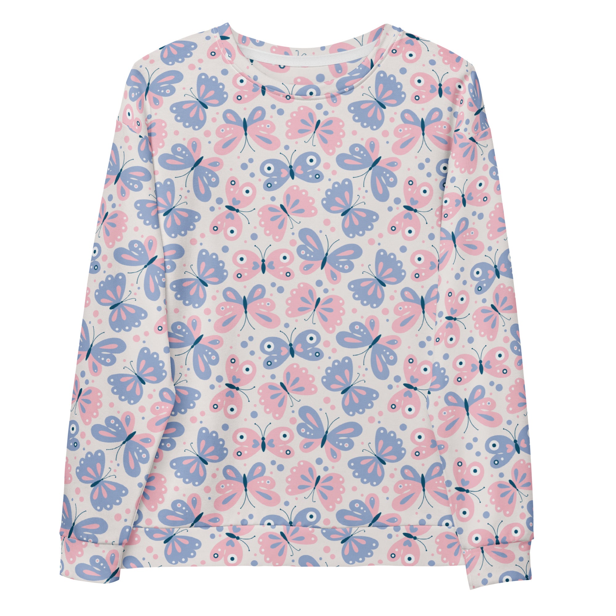 A soft pastel butterfly sweatshirt with brushed inner fleece fabric featuring pink and blue butterflies on cream background