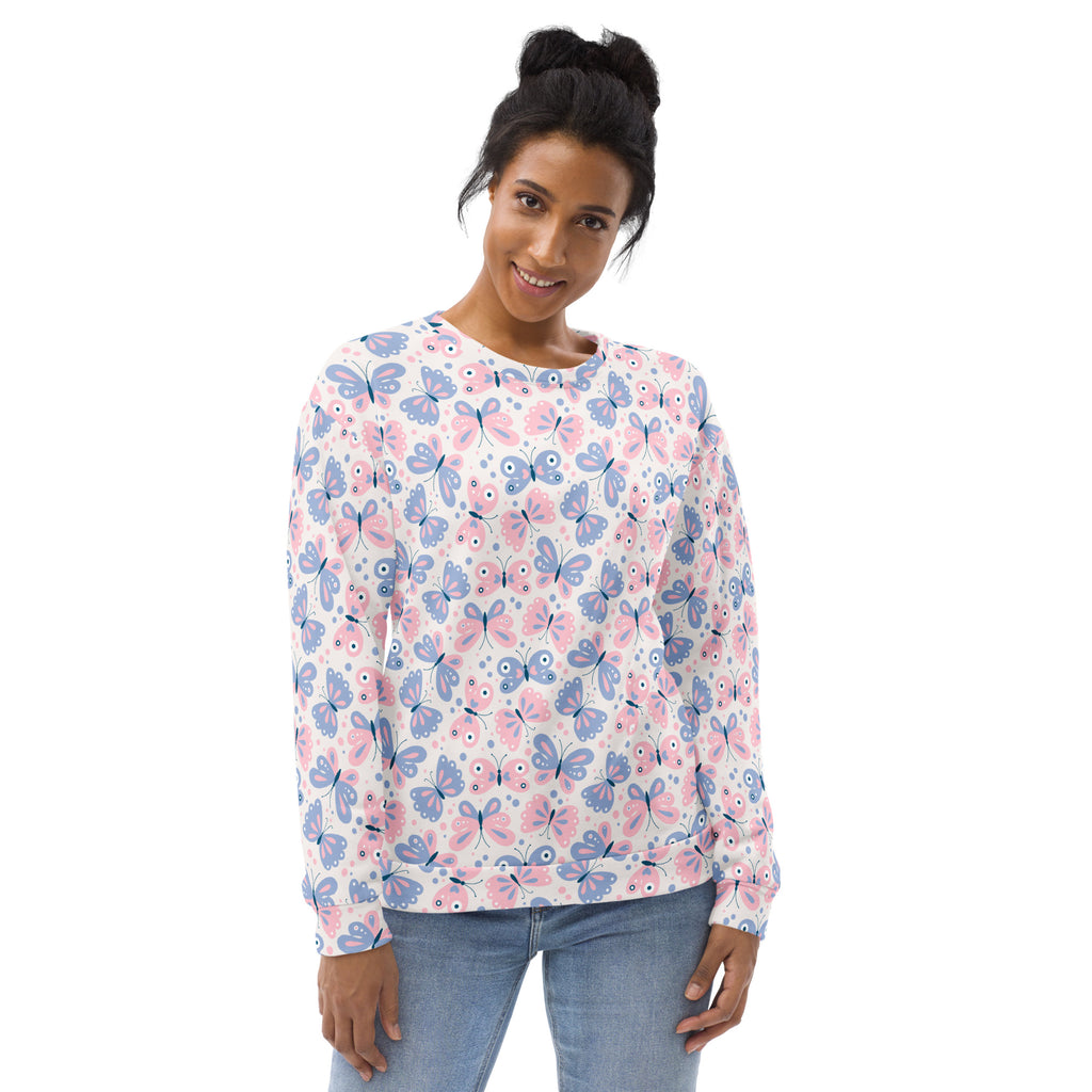 A soft white long-sleeved pastel butterfly sweatshirt with pink lavender pattern and brushed inner fleece fabric