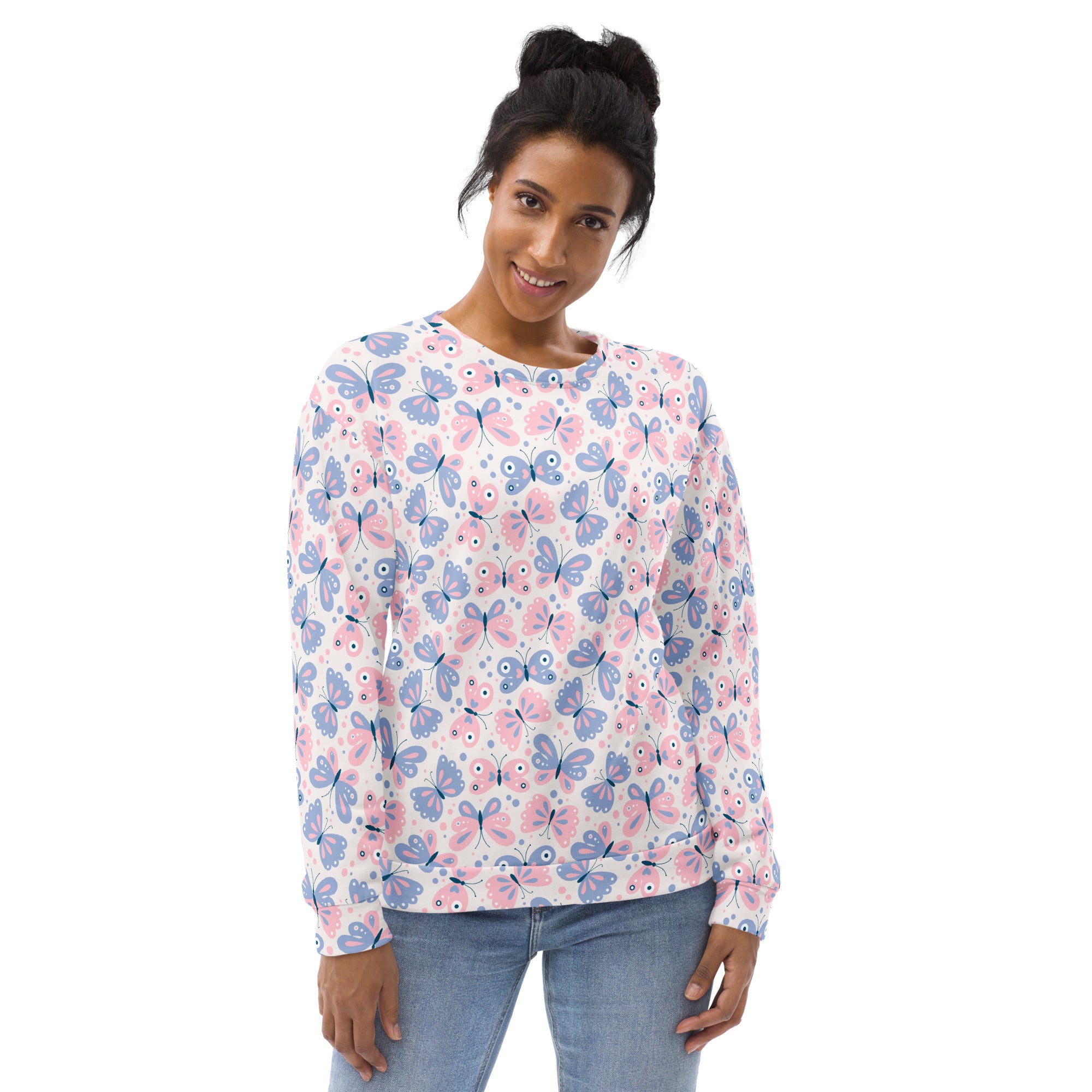 A soft white long-sleeved pastel butterfly sweatshirt with pink lavender pattern and brushed inner fleece fabric